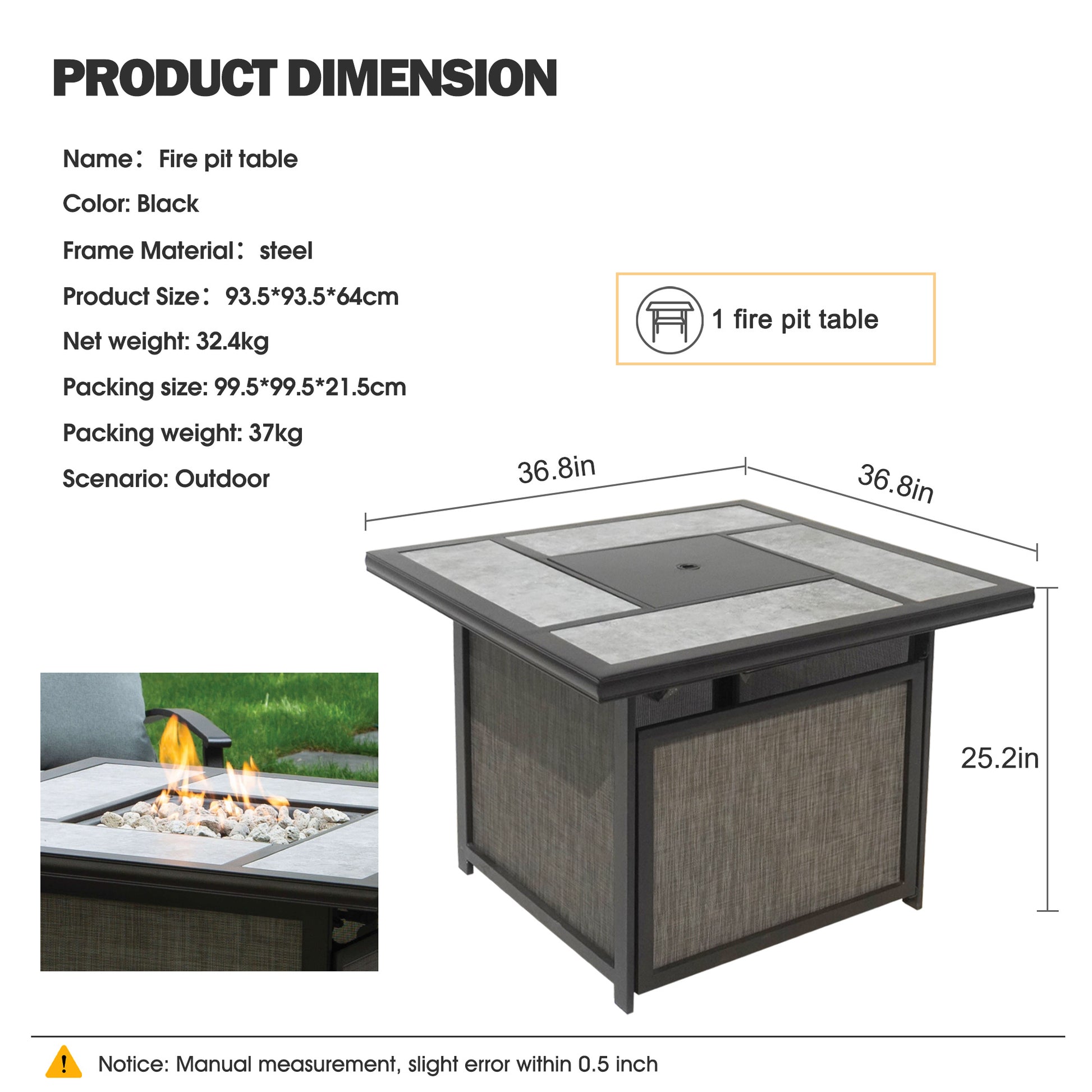 37 In Fire Pit Table with Rocking Chair,4 Person fire pit set-grey-rust resistant frame-garden &