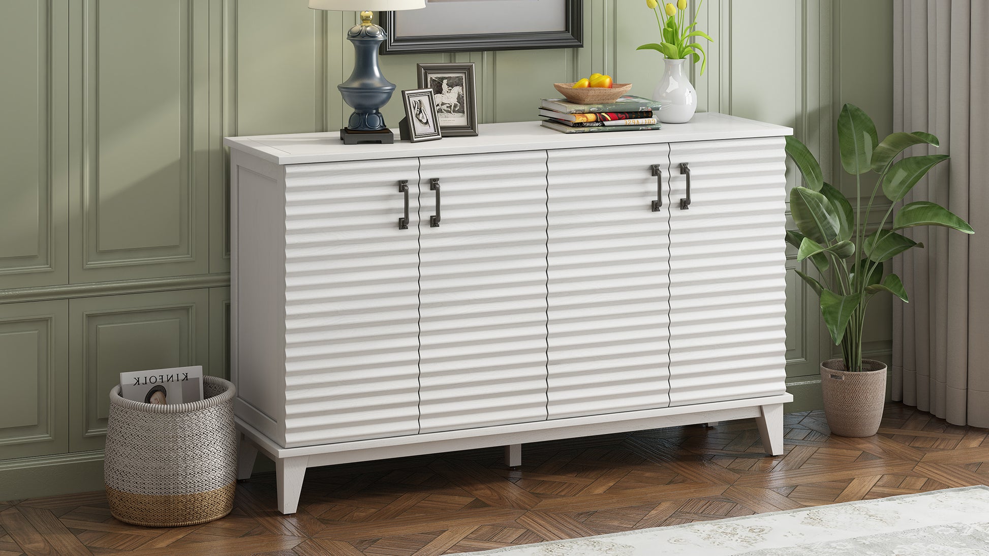 Sideboard With 4 Door Large Storage Buffet With Adjustable Shelves And Metal Handles For Kitchen, Living Room, Dining Room Antique White Antique White Mdf