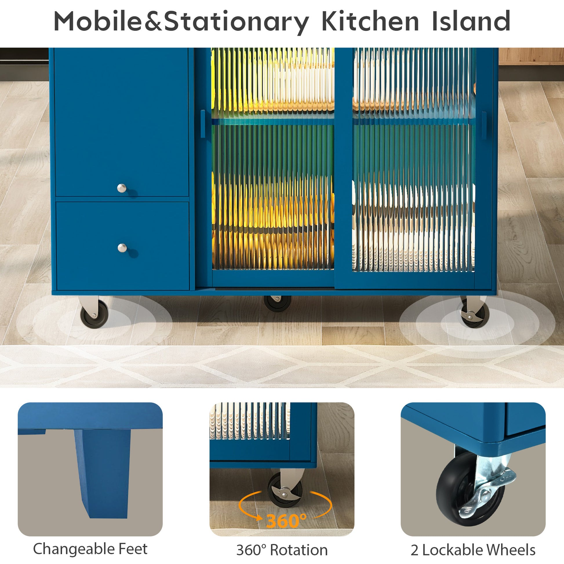 Kitchen Island with Drop Leaf, LED Light Kitchen Cart navy