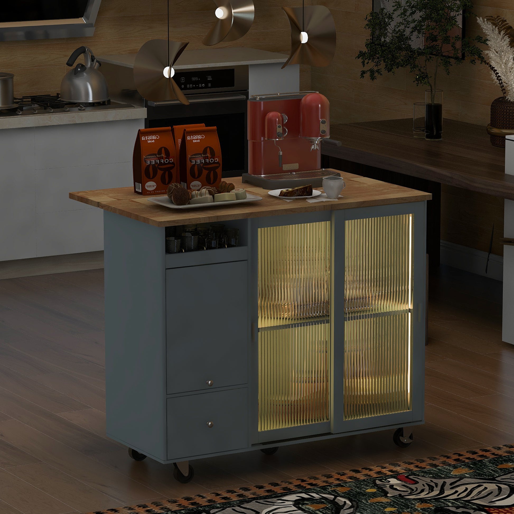 Kitchen Island with Drop Leaf, LED Light Kitchen Cart