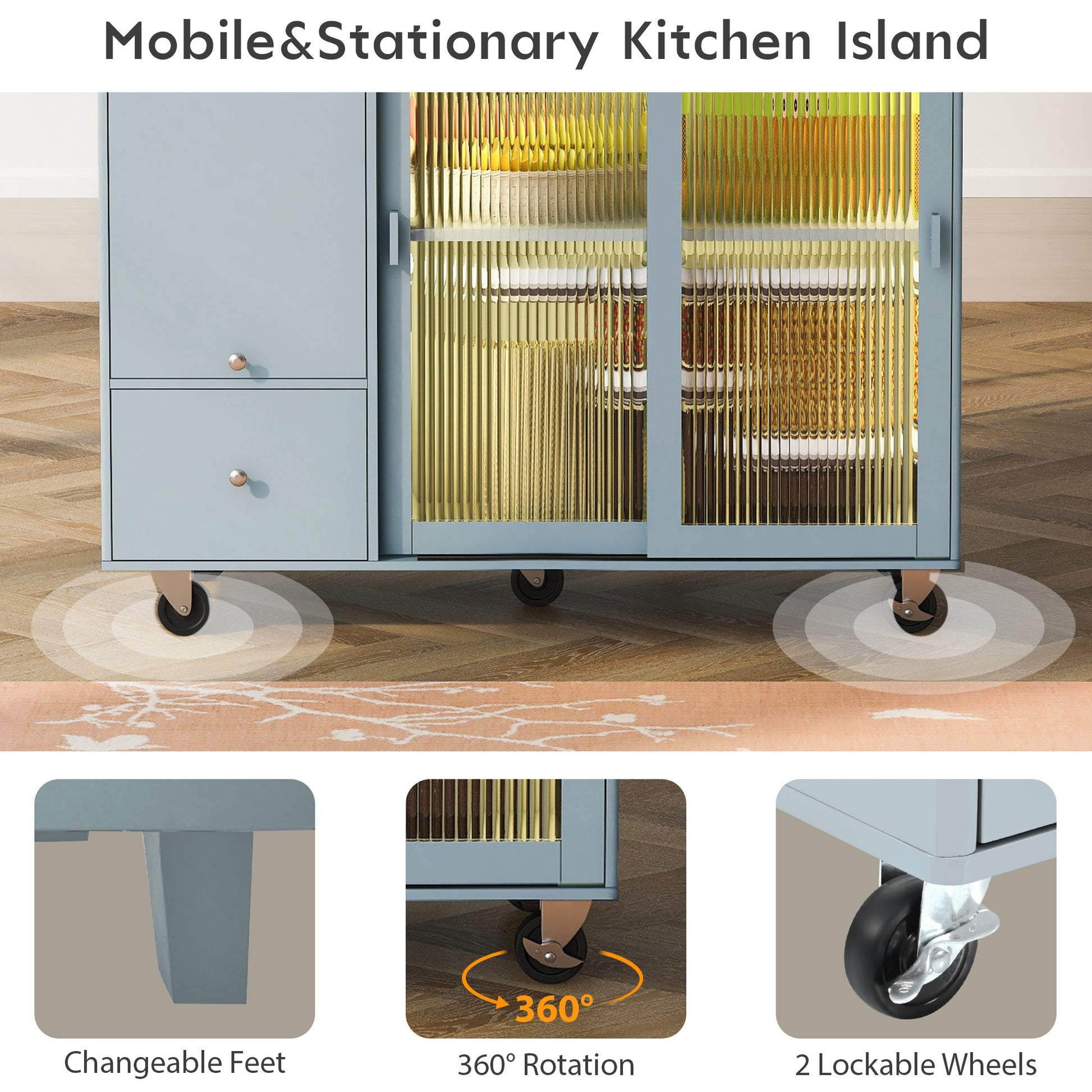 Kitchen Island with Drop Leaf, LED Light Kitchen Cart