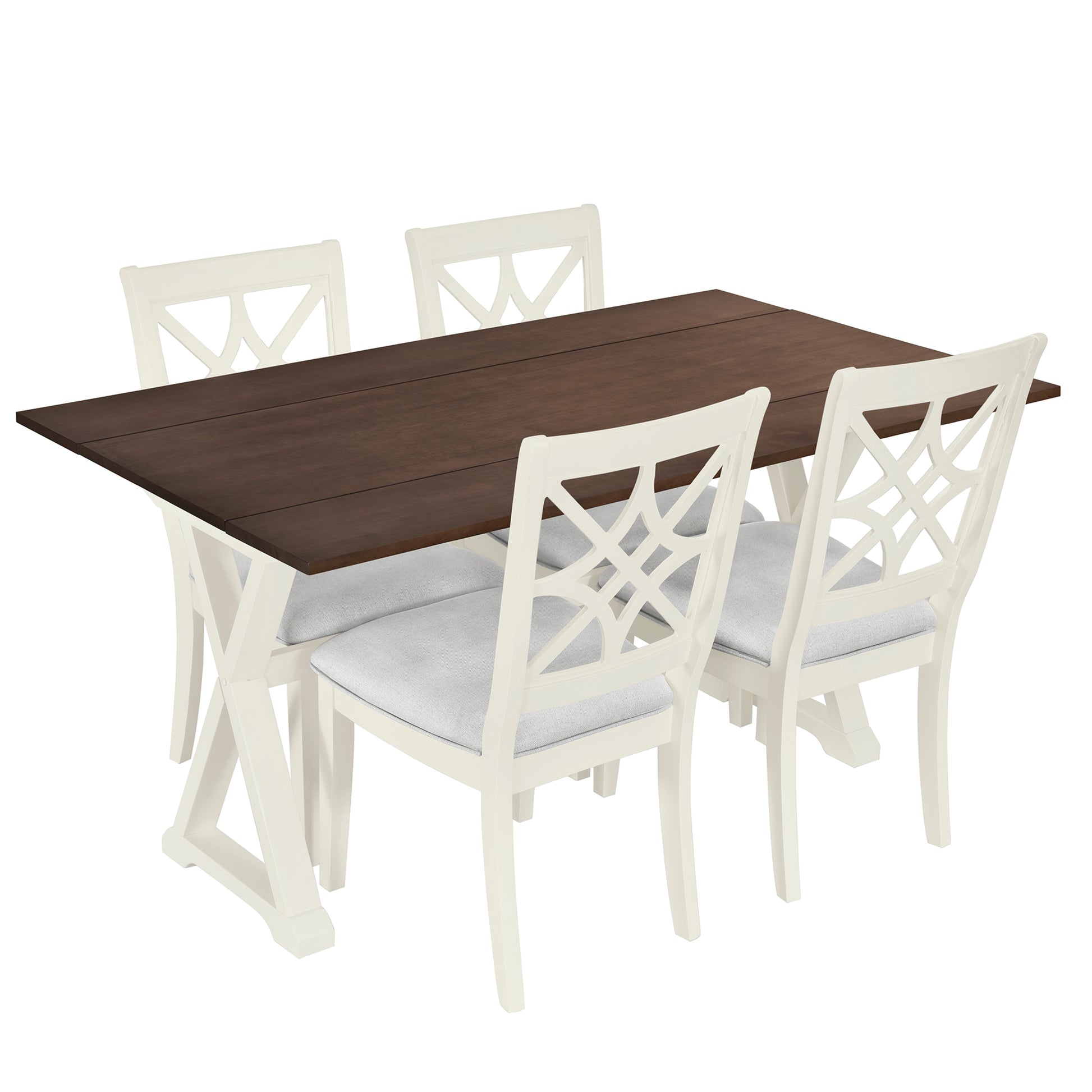 5 Piece 62*35.2Inch Extendable Rubber Wood Dining Table Set With X Shape Legs,Console Table With Two 8.8Inch Wide Flip Lids And Upholstered Dining Chairs ,Beige Wood Dining Room Folding Rubberwood Rectangular Dining Table With Chair Upholstered Chair