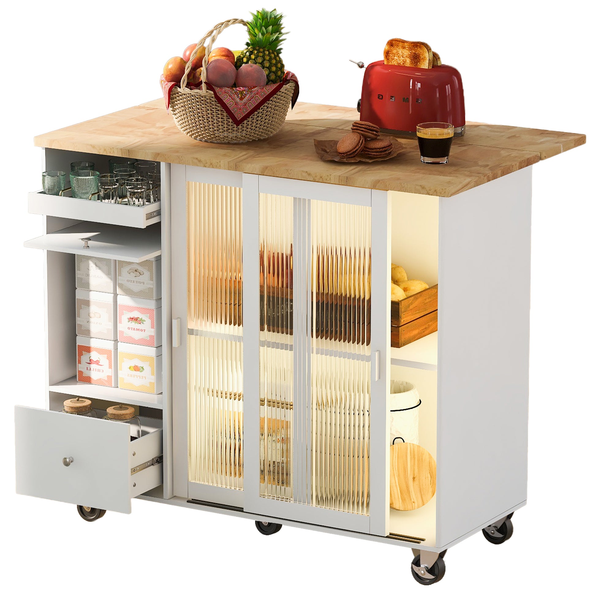 Kitchen Island with Drop Leaf, LED Light Kitchen Cart