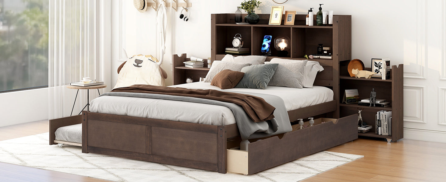 Full Size Storage Platform Bed With Pull Out Shelves, Twin Size Trundle And 2 Drawers, Espresso Box Spring Not Required Full Espresso Wood Bedroom Bed Frame Solid Wood Mdf