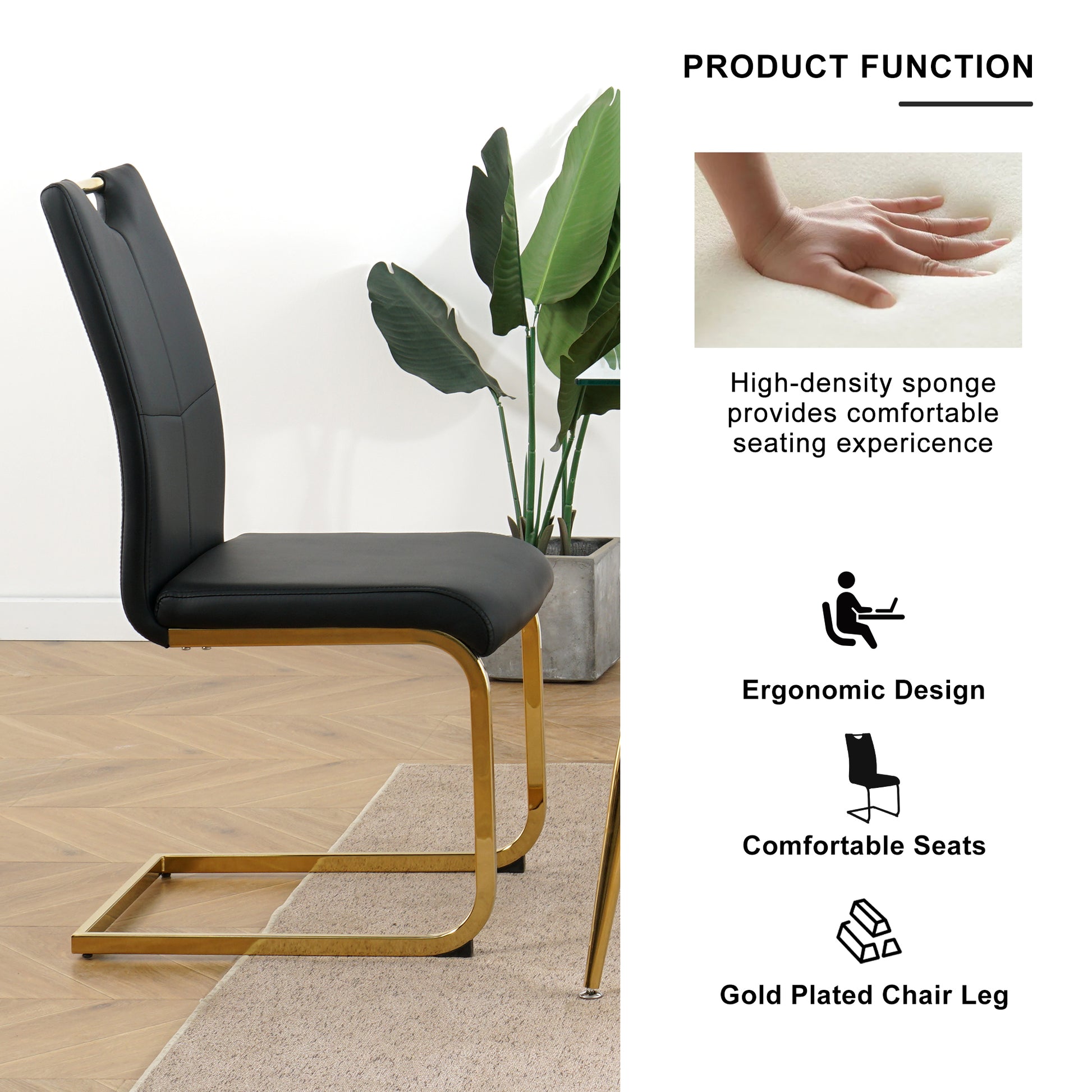 Modern Style Glass Dining Table, Elegant Transparent Design, Solid Support Base, Black Dining Chair Set, Gold Plated Chair Legs, Suitable For Restaurant Kitchen Use Set Of 9 Metal Glass Black Gold Mdf Metal