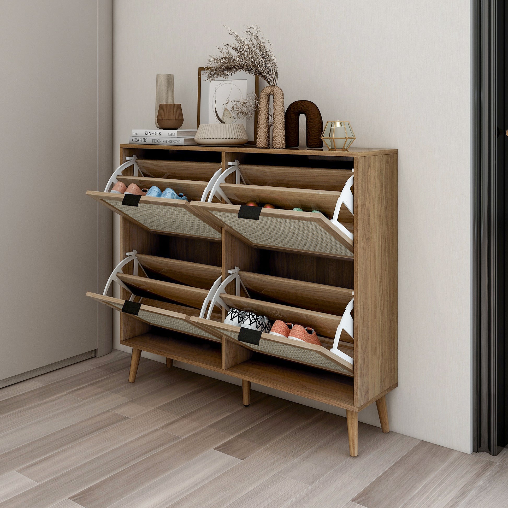 Natural Rattan 4 Door Shoe Rack, Freestanding Modern Shoe Storage Cabinet, For Entryway Walnut Particle Board