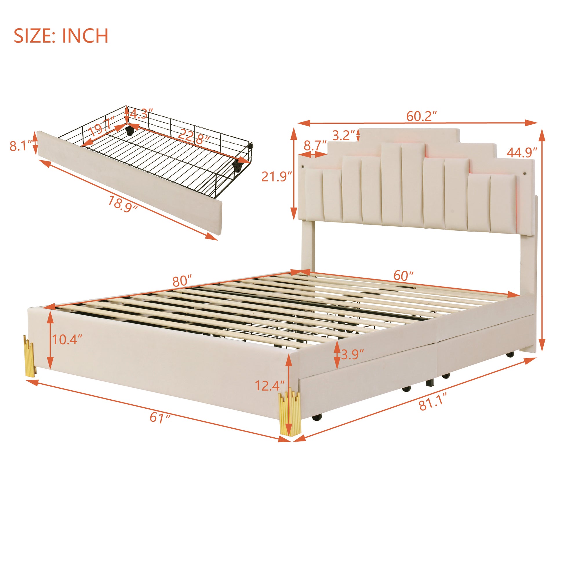 Queen Size Upholstered Platform Bed With Led Lights And 4 Drawers, Stylish Irregular Metal Bed Legs Design, Beige Beige Velvet