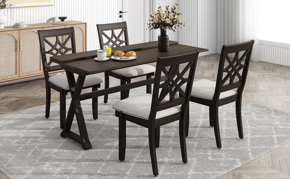 5 Piece 62*35.2Inch Extendable Rubber Wood Dining Table Set With X Shape Legs,Console Table With Two 8.8Inch Wide Flip Lids And Upholstered Dining Chairs ,Dark Walnut Wood Dining Room Folding Rubberwood Rectangular Dining Table With Chair Upholstered