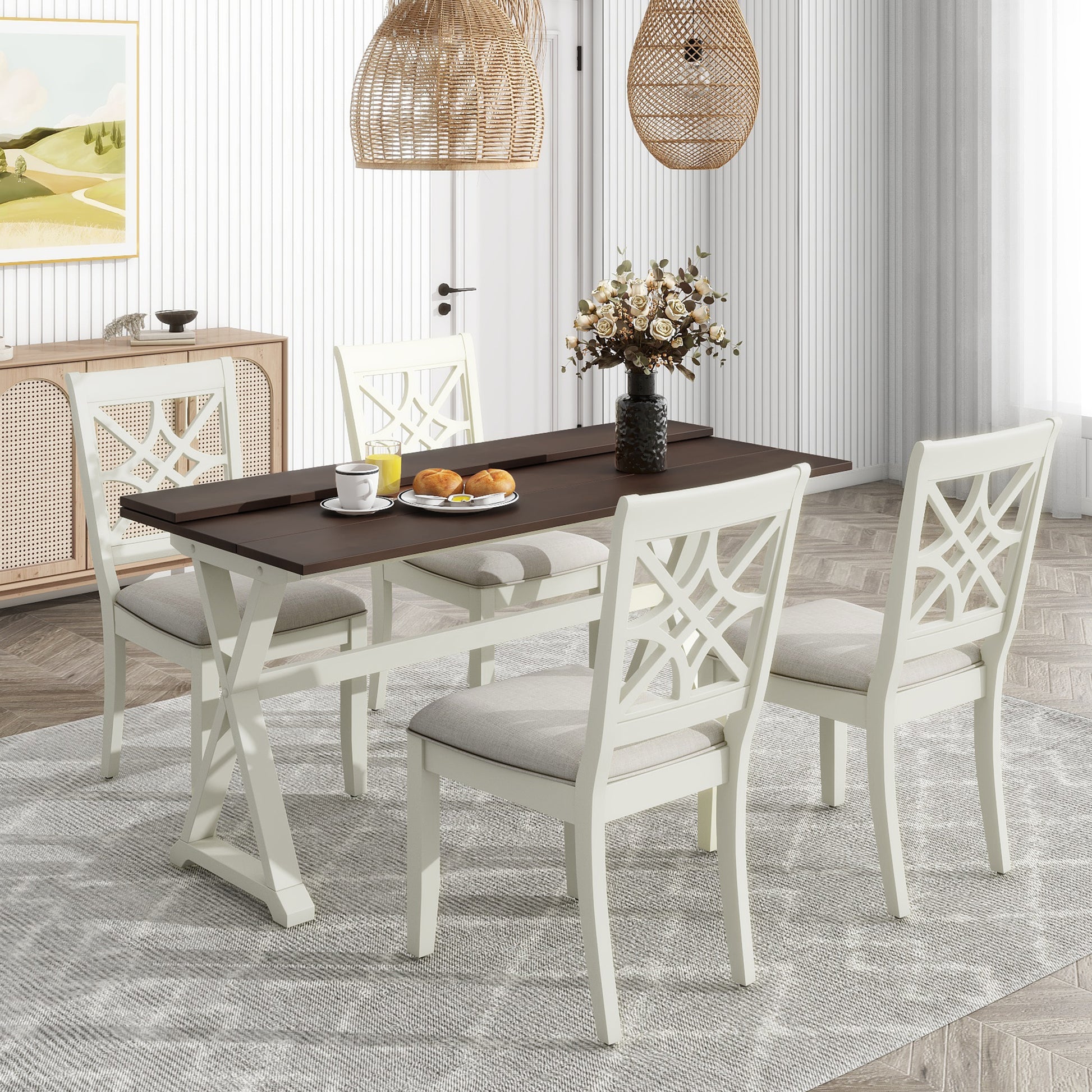 5 Piece 62*35.2Inch Extendable Rubber Wood Dining Table Set With X Shape Legs,Console Table With Two 8.8Inch Wide Flip Lids And Upholstered Dining Chairs ,Beige Wood Dining Room Folding Rubberwood Rectangular Dining Table With Chair Upholstered Chair