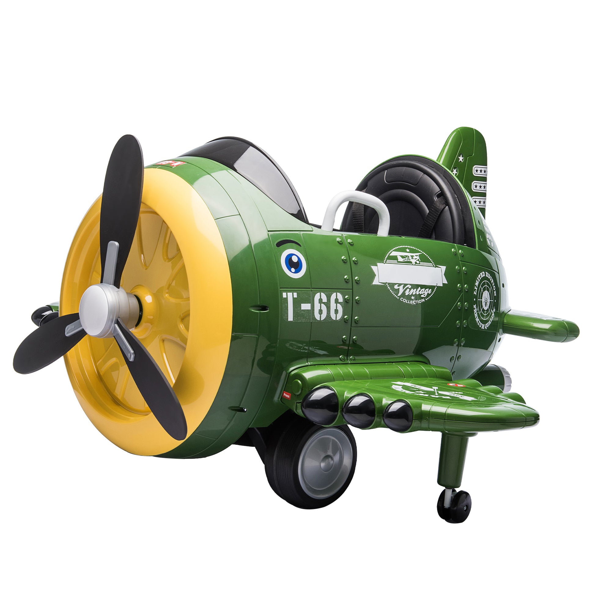 12V Electric Kids Ride On Toy Plane With Usb, Fm, Wind Driven Propeller, 360 Degree Rotating By 2 Joysticks, Remote Control For Kids 3 To 6, Army Green Army Green Polypropylene