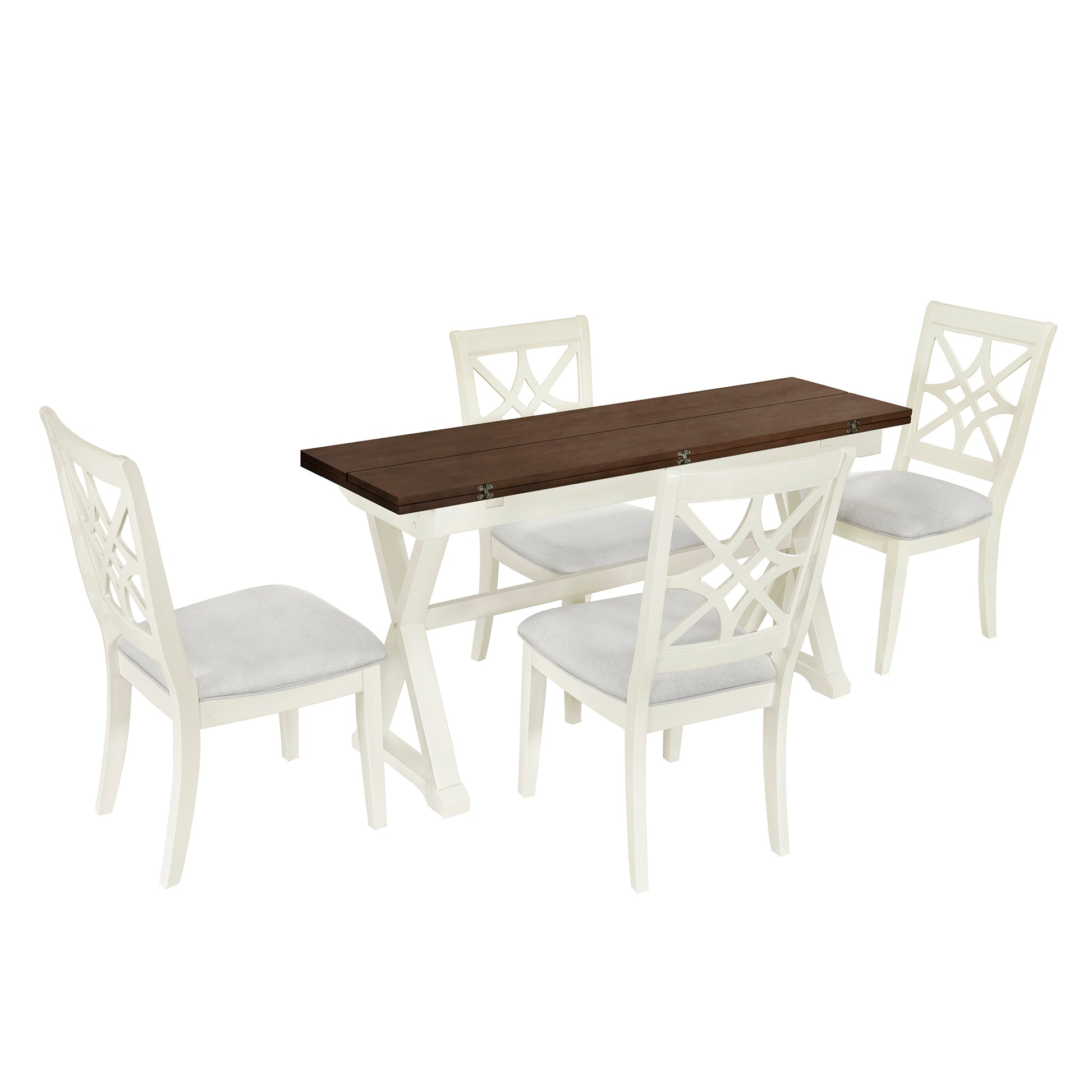 5 Piece 62*35.2Inch Extendable Rubber Wood Dining Table Set With X Shape Legs,Console Table With Two 8.8Inch Wide Flip Lids And Upholstered Dining Chairs ,Beige Wood Dining Room Folding Rubberwood Rectangular Dining Table With Chair Upholstered Chair