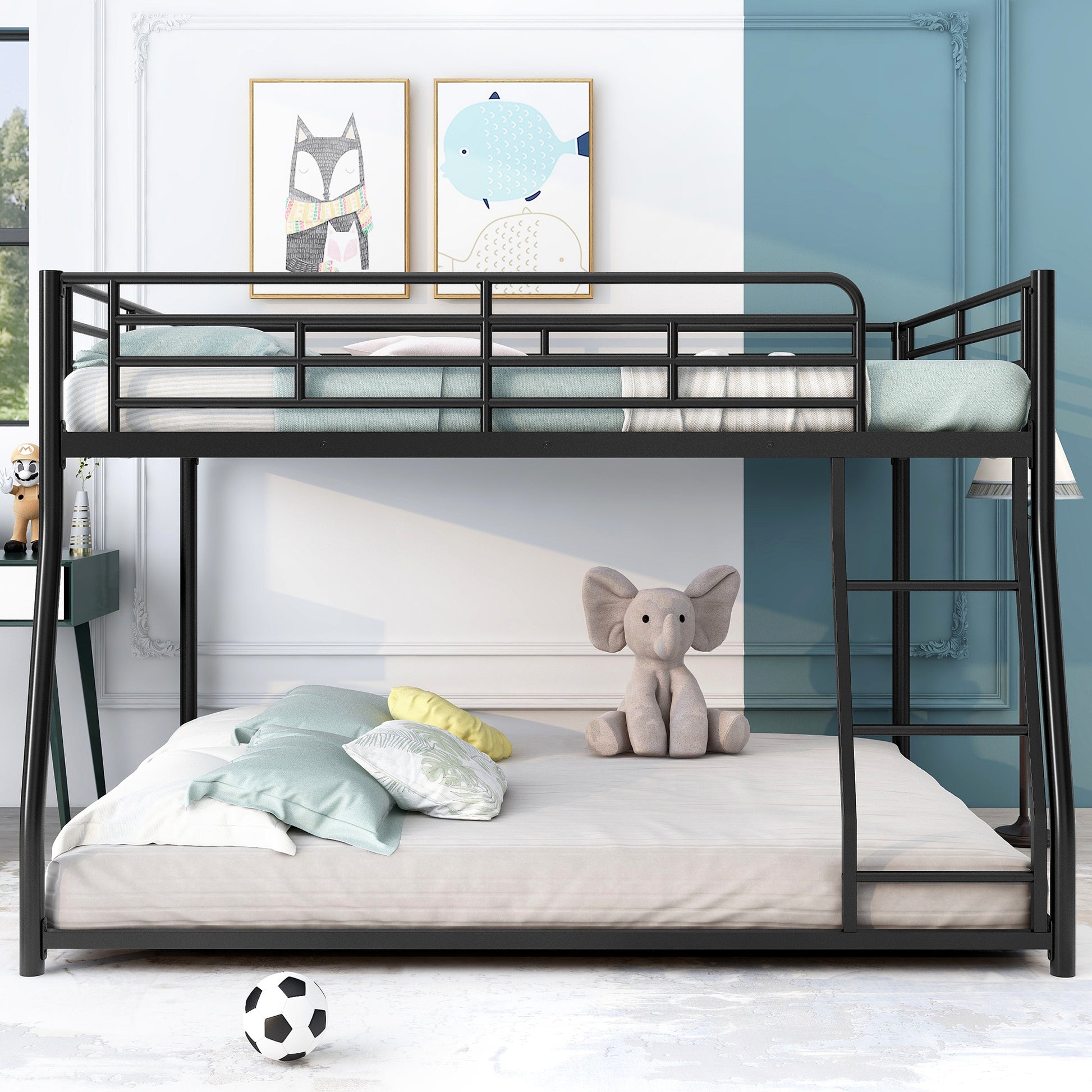 Metal Floor Bunk Bed, Full Xl Over Queen, Black Black Metal