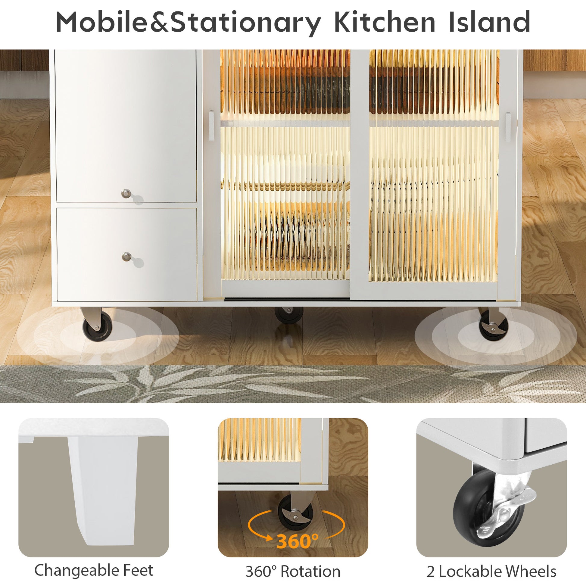 Kitchen Island with Drop Leaf, LED Light Kitchen Cart