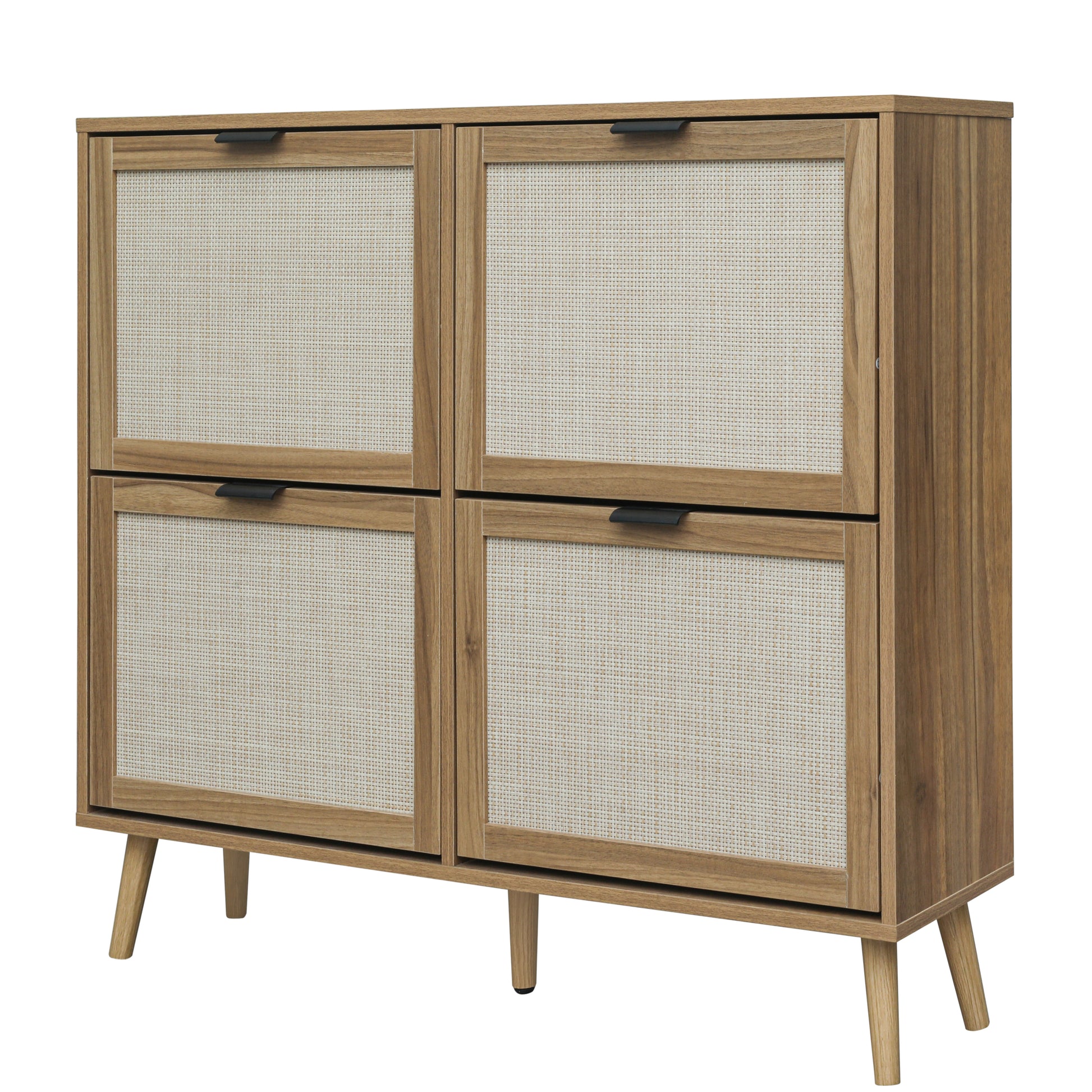 Natural Rattan 4 Door Shoe Rack, Freestanding Modern Shoe Storage Cabinet, For Entryway Walnut Particle Board