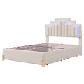 Full Size Upholstered Platform Bed With Led Lights And 4 Drawers, Stylish Irregular Metal Bed Legs Design, Beige Beige Velvet