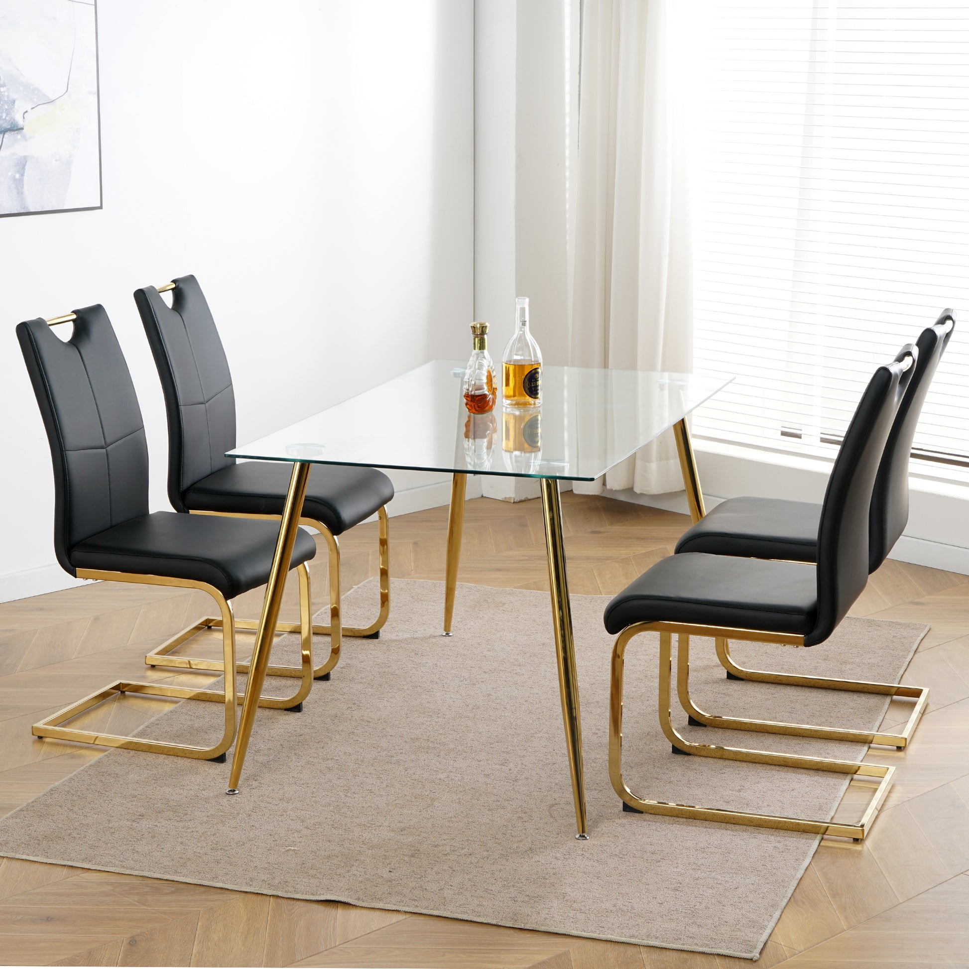 Modern Dining Chairs With Faux Leather Padded Seat Dining Living Room Chairs Upholstered Chair With Gold Metal Legs Design For Kitchen, Living, Bedroom, Dining Room Side Chairs Set Of 4 Black Gold Metal