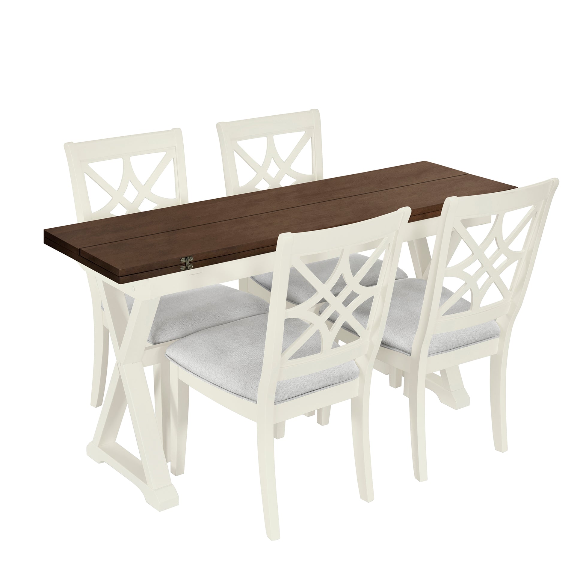 5 Piece 62*35.2Inch Extendable Rubber Wood Dining Table Set With X Shape Legs,Console Table With Two 8.8Inch Wide Flip Lids And Upholstered Dining Chairs ,Beige Wood Dining Room Folding Rubberwood Rectangular Dining Table With Chair Upholstered Chair