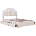 Full Size Upholstered Platform Bed With Led Lights And 4 Drawers, Stylish Irregular Metal Bed Legs Design, Beige Beige Velvet