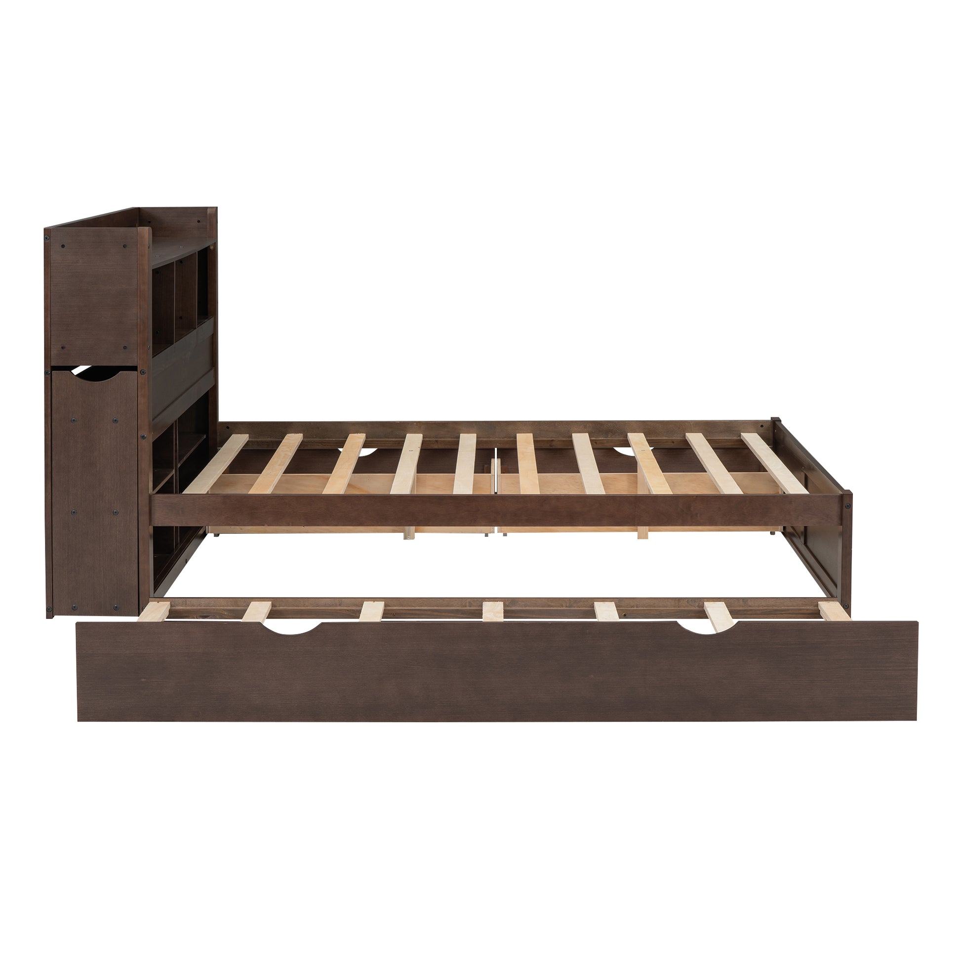Full Size Storage Platform Bed With Pull Out Shelves, Twin Size Trundle And 2 Drawers, Espresso Box Spring Not Required Full Espresso Wood Bedroom Bed Frame Solid Wood Mdf