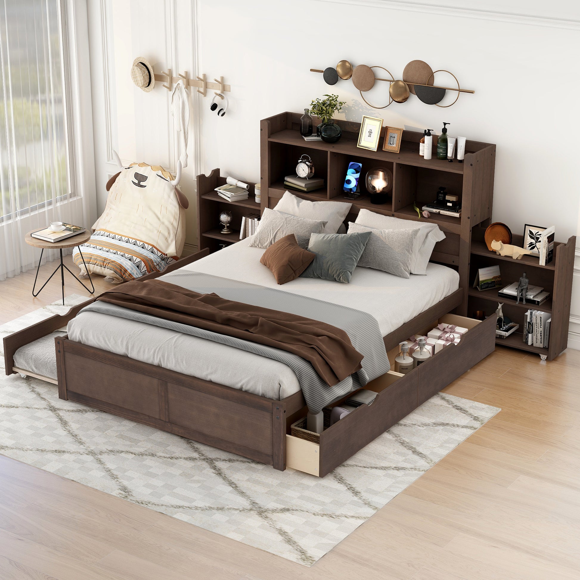 Full Size Storage Platform Bed With Pull Out Shelves, Twin Size Trundle And 2 Drawers, Espresso Box Spring Not Required Full Espresso Wood Bedroom Bed Frame Solid Wood Mdf