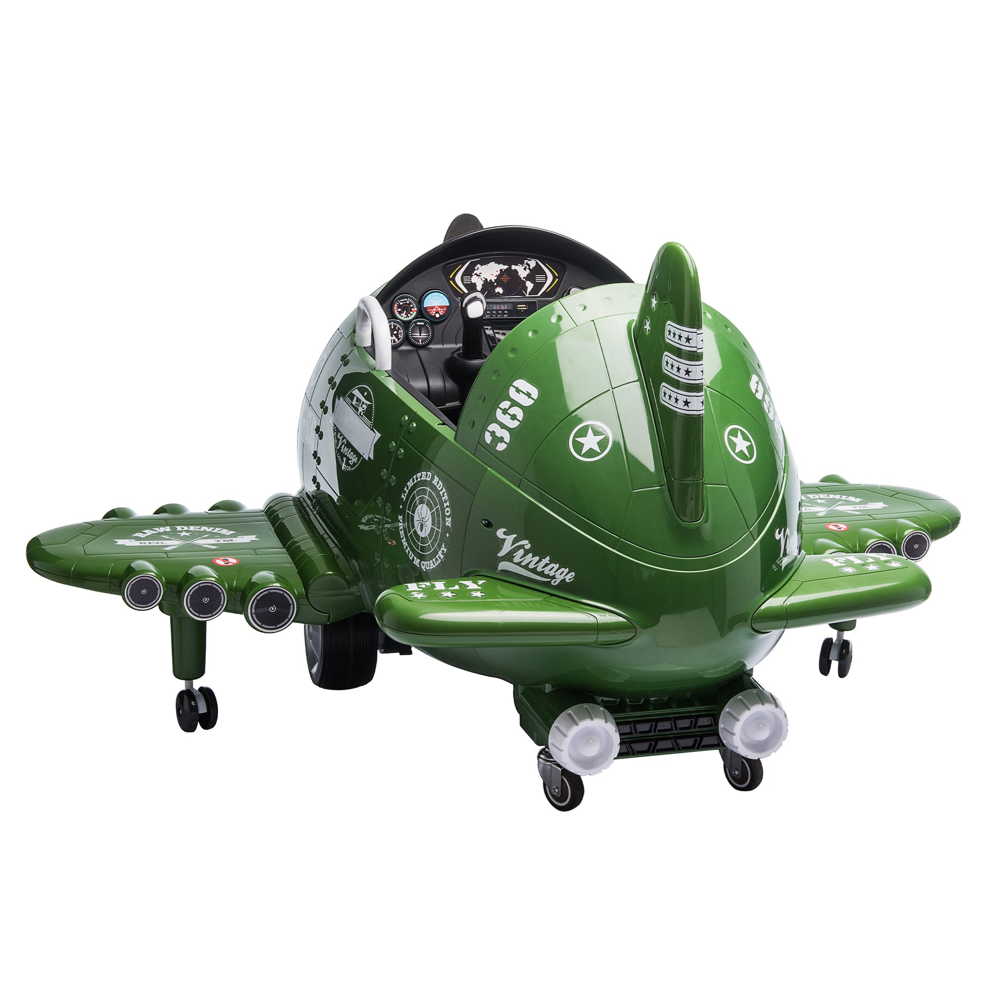 12V Electric Kids Ride On Toy Plane With Usb, Fm, Wind Driven Propeller, 360 Degree Rotating By 2 Joysticks, Remote Control For Kids 3 To 6, Army Green Army Green Polypropylene