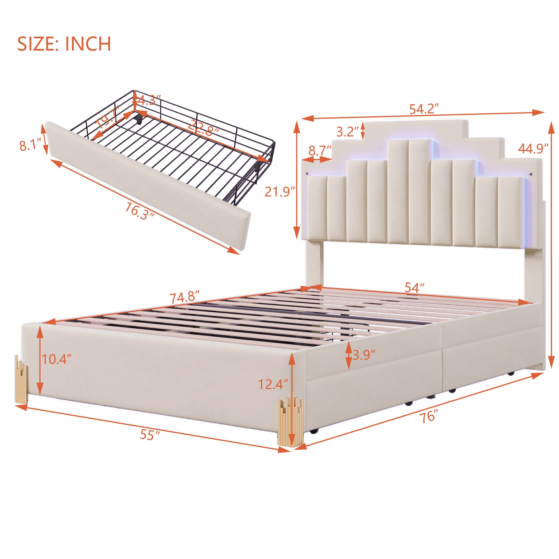 Full Size Upholstered Platform Bed With Led Lights And 4 Drawers, Stylish Irregular Metal Bed Legs Design, Beige Beige Velvet
