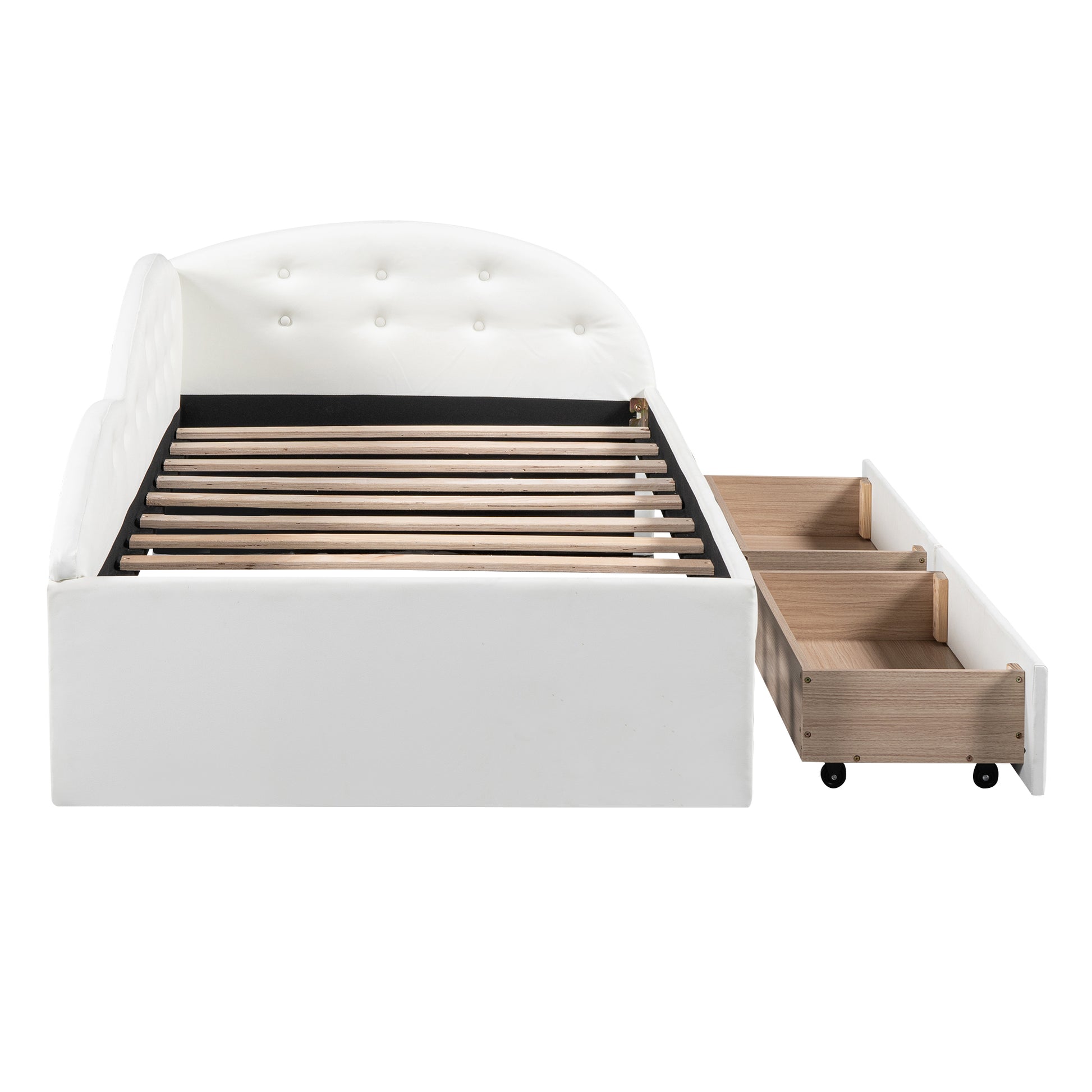 Twin Size Pu Upholstered Tufted Daybed With Two Drawers And Cloud Shaped Guardrail, White Box Spring Not Required Twin White Wood Daybeds Faux Leather Upholstered