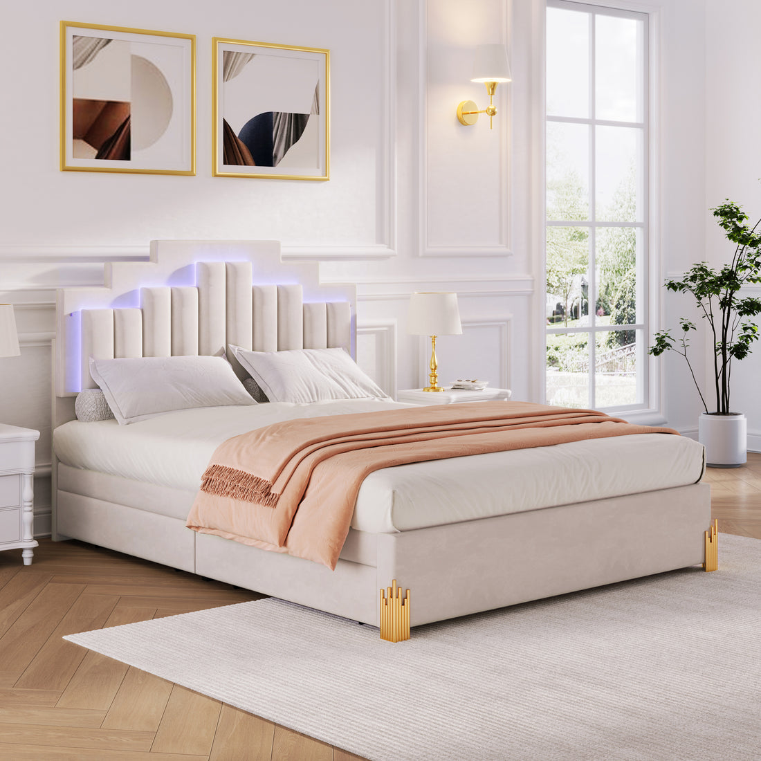 Queen Size Upholstered Platform Bed With Led Lights And 4 Drawers, Stylish Irregular Metal Bed Legs Design, Beige Beige Velvet