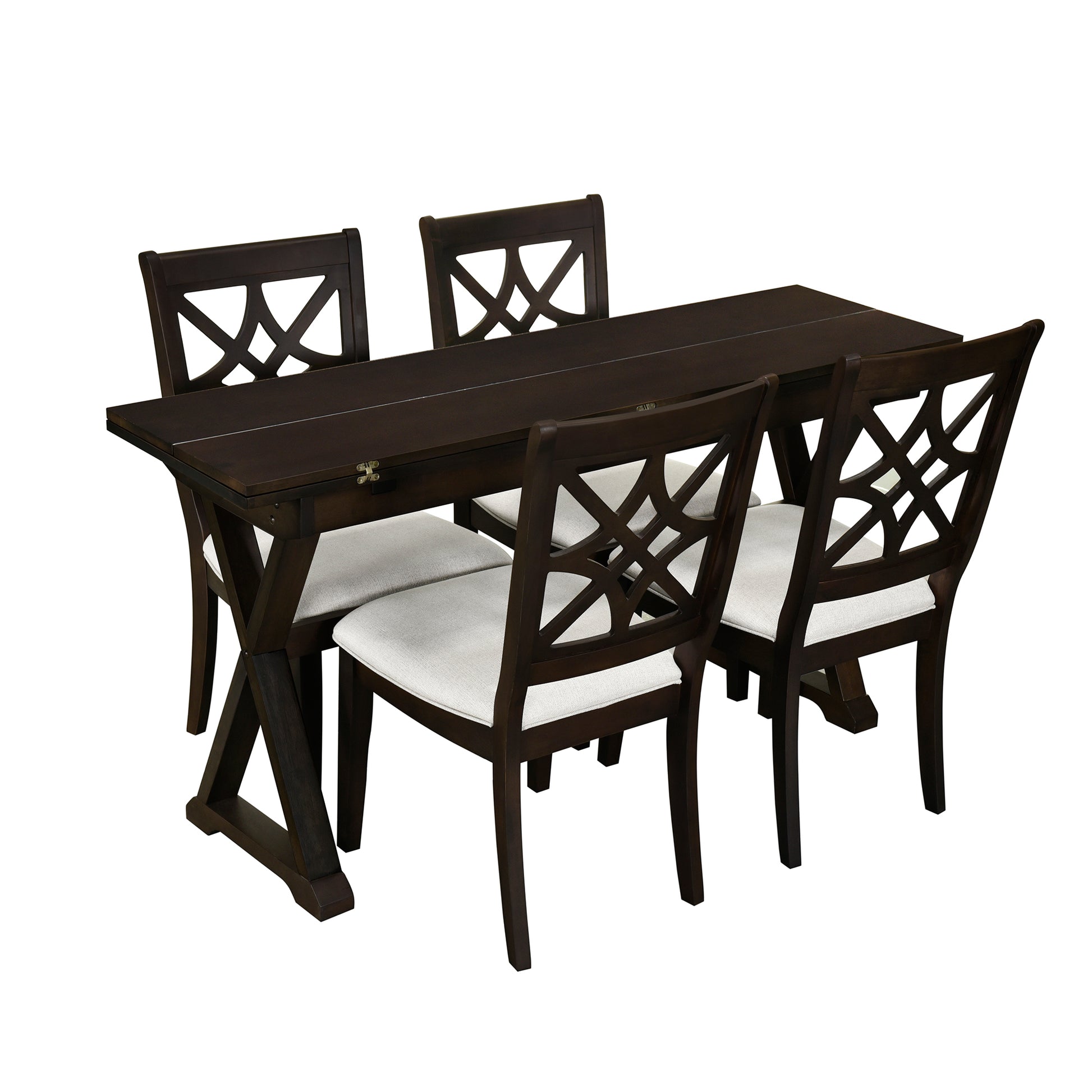 5 Piece 62*35.2Inch Extendable Rubber Wood Dining Table Set With X Shape Legs,Console Table With Two 8.8Inch Wide Flip Lids And Upholstered Dining Chairs ,Dark Walnut Wood Dining Room Folding Rubberwood Rectangular Dining Table With Chair Upholstered