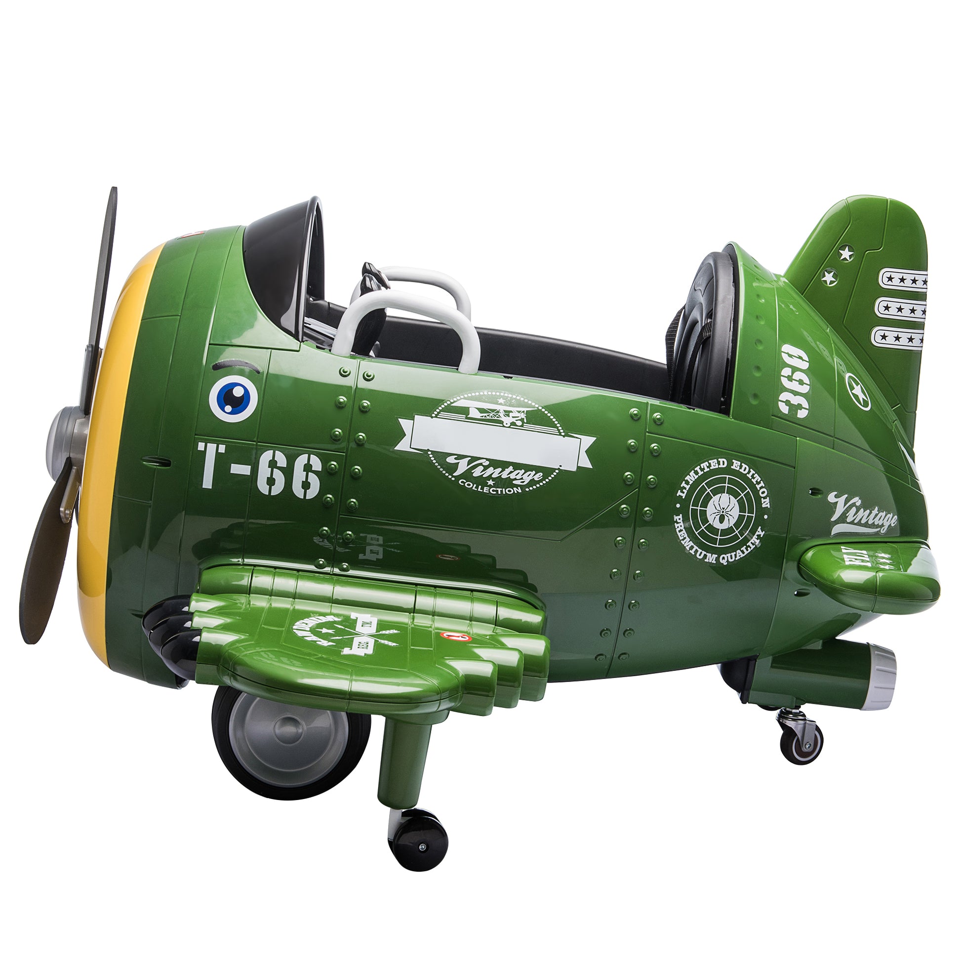 12V Electric Kids Ride On Toy Plane With Usb, Fm, Wind Driven Propeller, 360 Degree Rotating By 2 Joysticks, Remote Control For Kids 3 To 6, Army Green Army Green Polypropylene