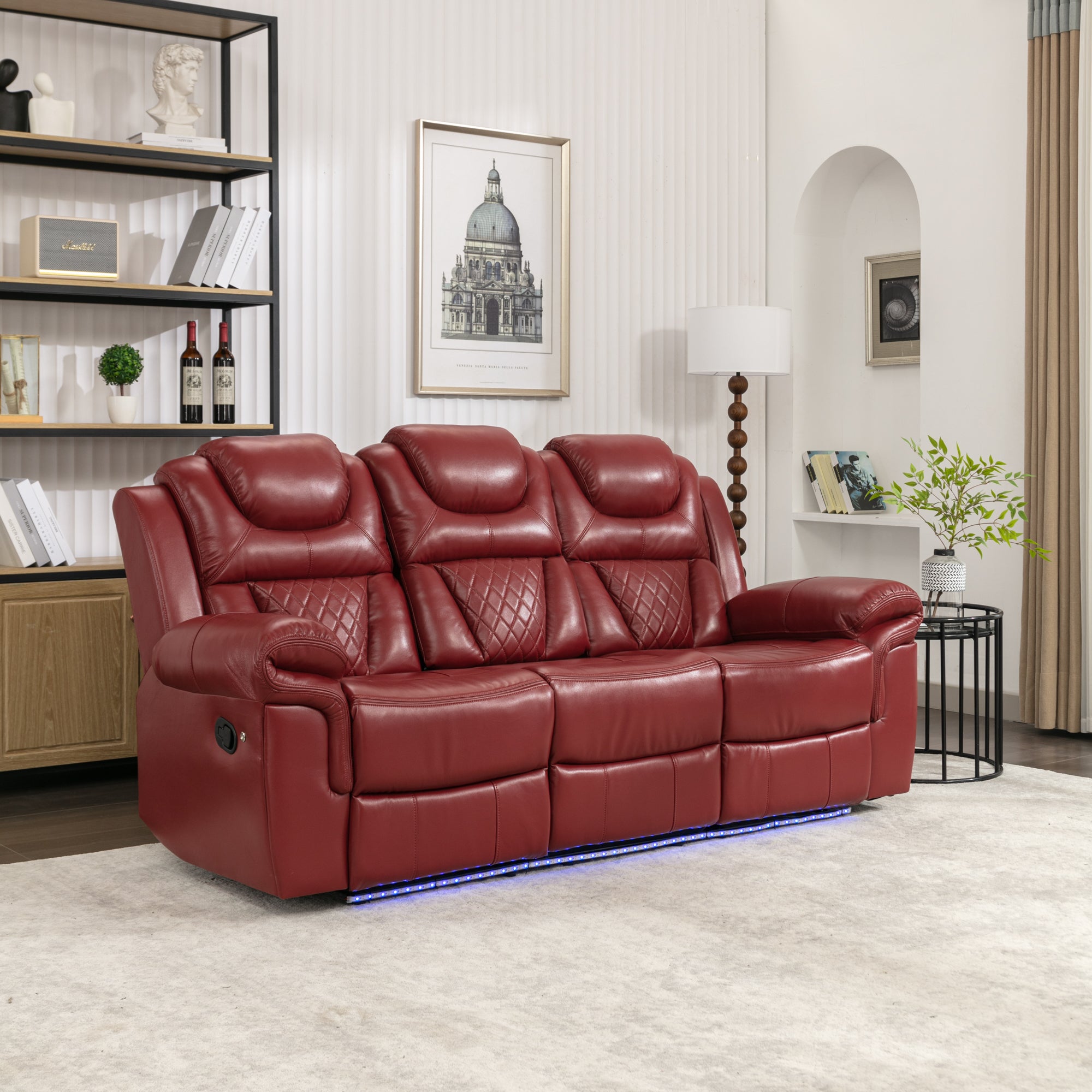 Home Theater Seating Manual Recliner Chair With Center Console And Led Light Strip For Living Room, Wind Red Red Foam Faux Leather