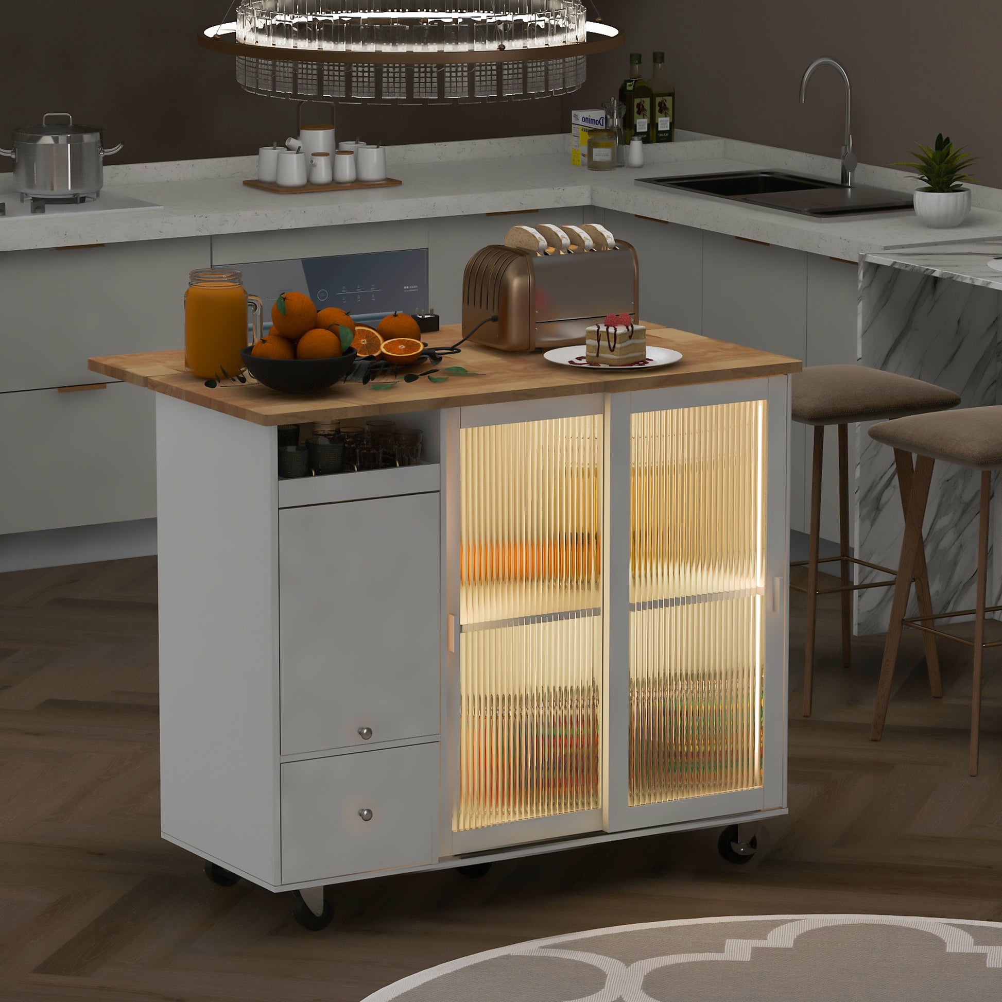 Kitchen Island with Drop Leaf, LED Light Kitchen Cart