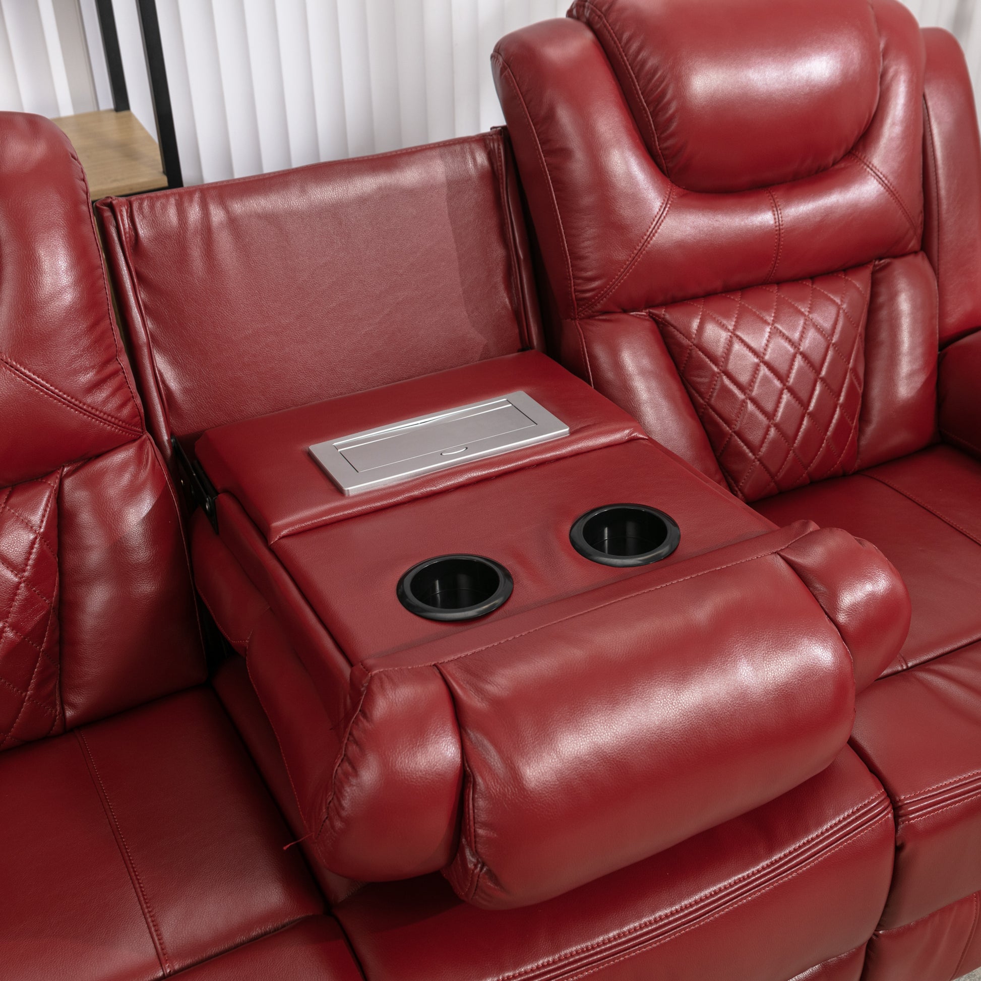 Home Theater Seating Manual Recliner Chair With Center Console And Led Light Strip For Living Room, Wind Red Red Foam Faux Leather