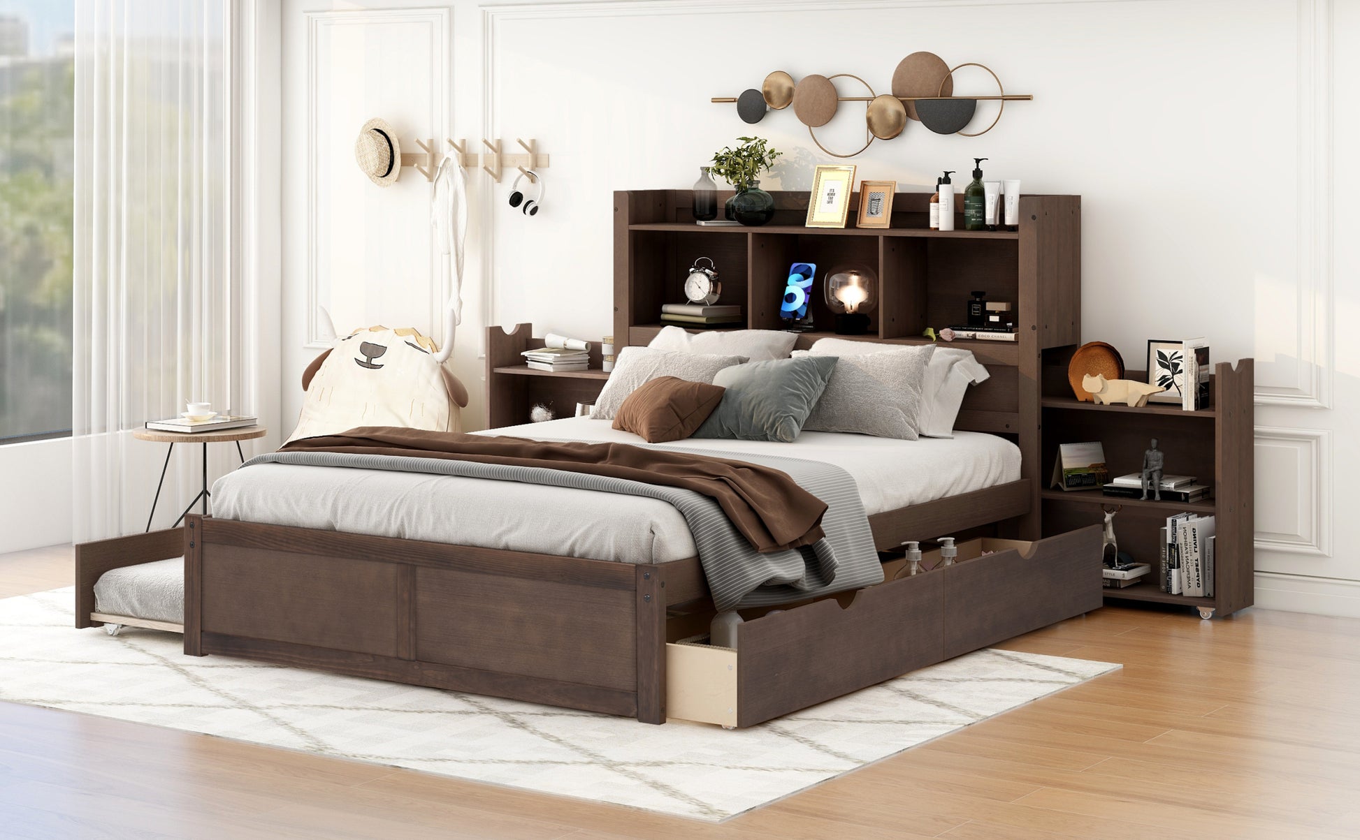 Full Size Storage Platform Bed With Pull Out Shelves, Twin Size Trundle And 2 Drawers, Espresso Box Spring Not Required Full Espresso Wood Bedroom Bed Frame Solid Wood Mdf