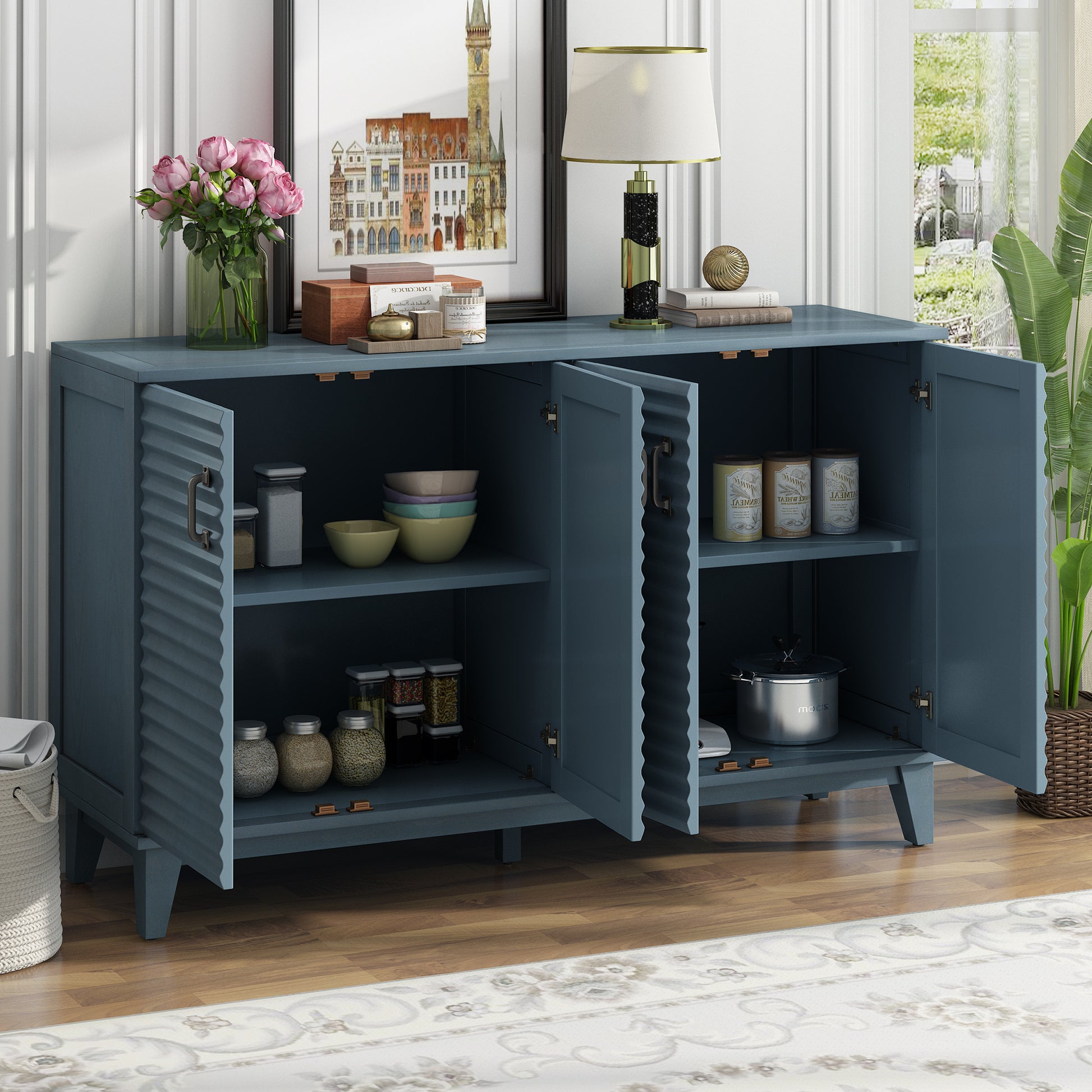 Sideboard With 4 Door Large Storage Buffet With Adjustable Shelves And Metal Handles For Kitchen, Living Room, Dining Room Navy Navy Mdf