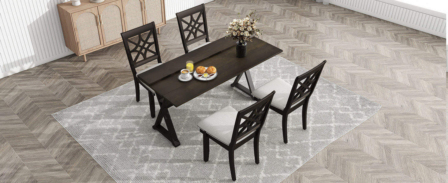 5 Piece 62*35.2Inch Extendable Rubber Wood Dining Table Set With X Shape Legs,Console Table With Two 8.8Inch Wide Flip Lids And Upholstered Dining Chairs ,Dark Walnut Wood Dining Room Folding Rubberwood Rectangular Dining Table With Chair Upholstered