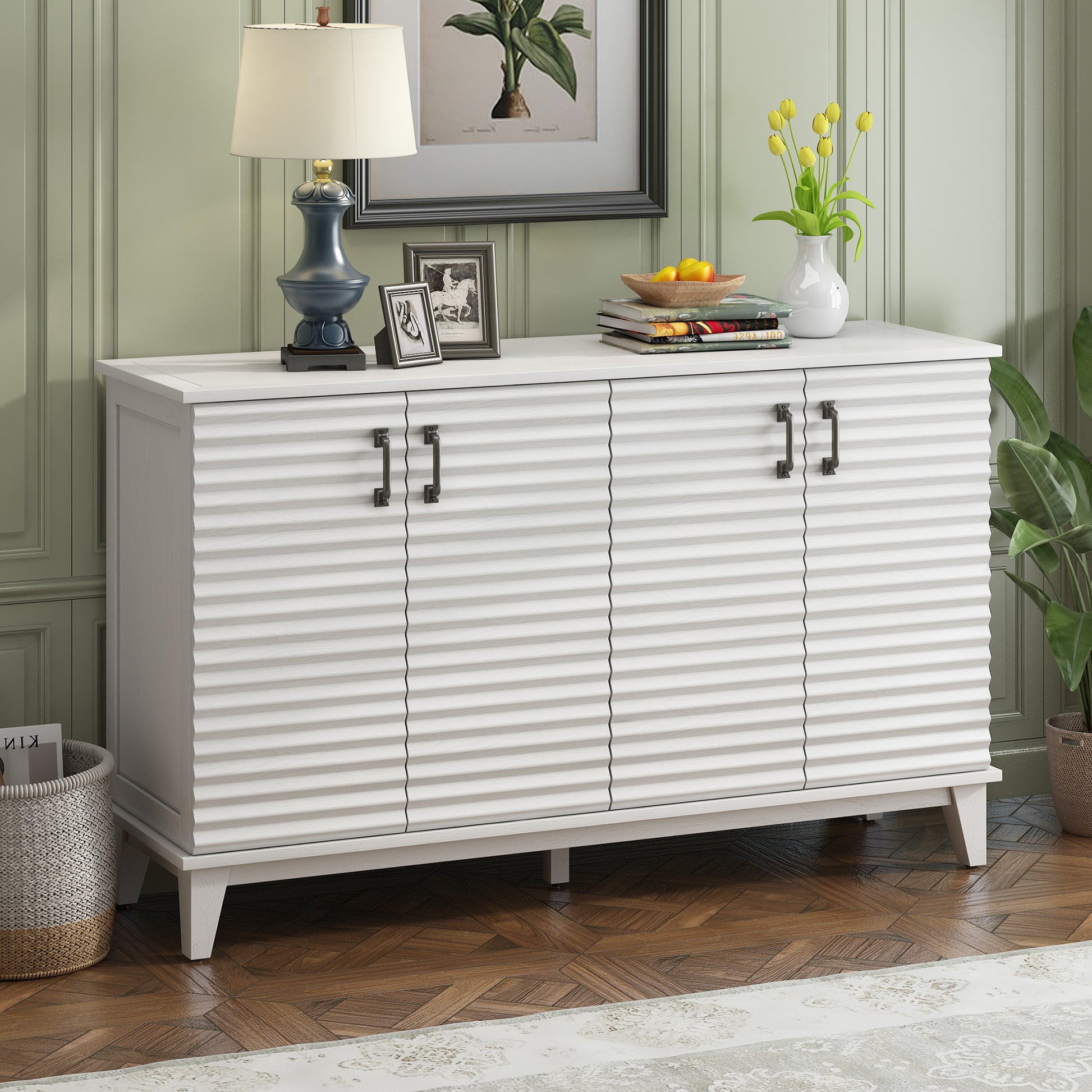 Sideboard With 4 Door Large Storage Buffet With Adjustable Shelves And Metal Handles For Kitchen, Living Room, Dining Room Antique White Antique White Mdf