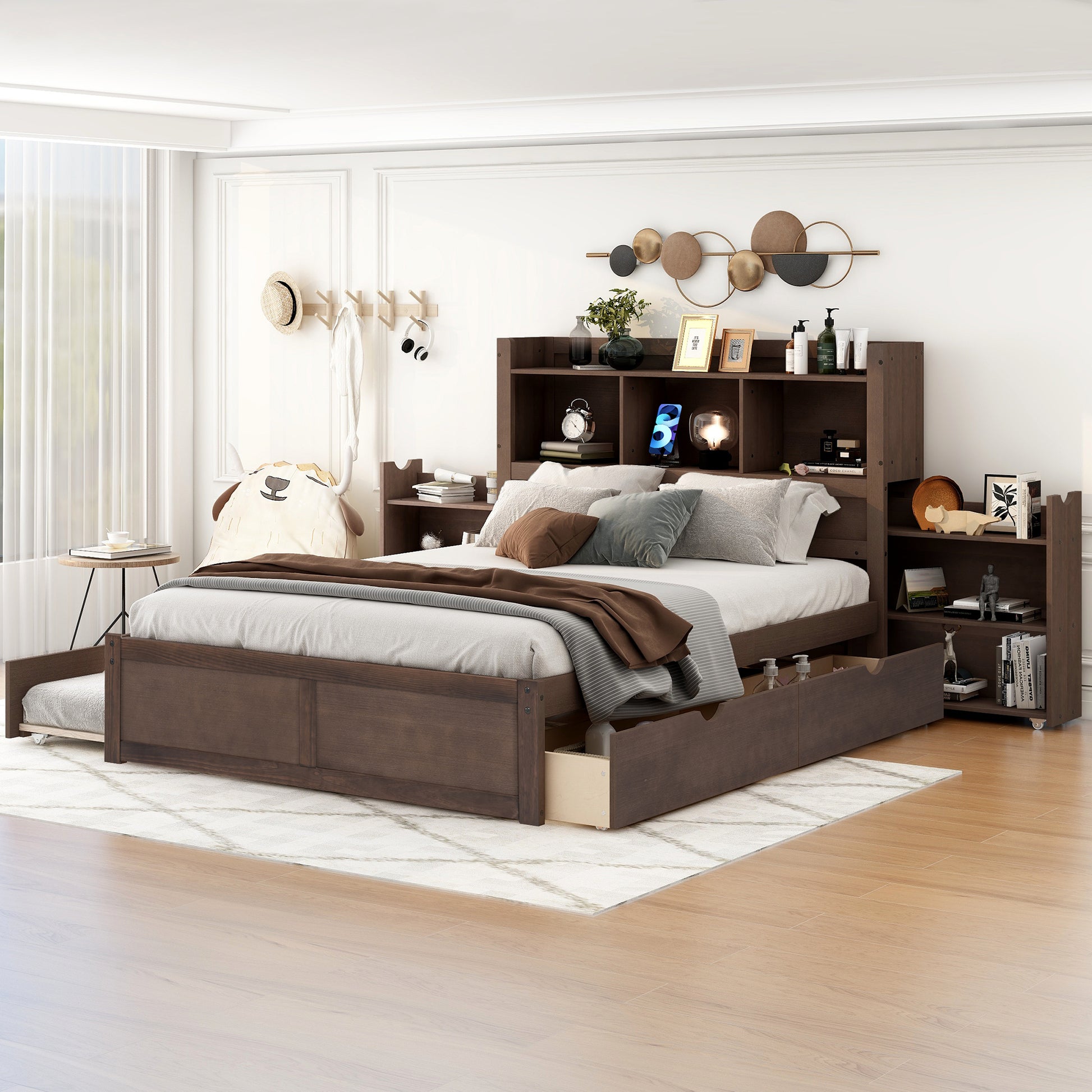 Full Size Storage Platform Bed With Pull Out Shelves, Twin Size Trundle And 2 Drawers, Espresso Box Spring Not Required Full Espresso Wood Bedroom Bed Frame Solid Wood Mdf