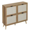 Natural Rattan 4 Door Shoe Rack, Freestanding Modern Shoe Storage Cabinet, For Entryway Walnut Particle Board