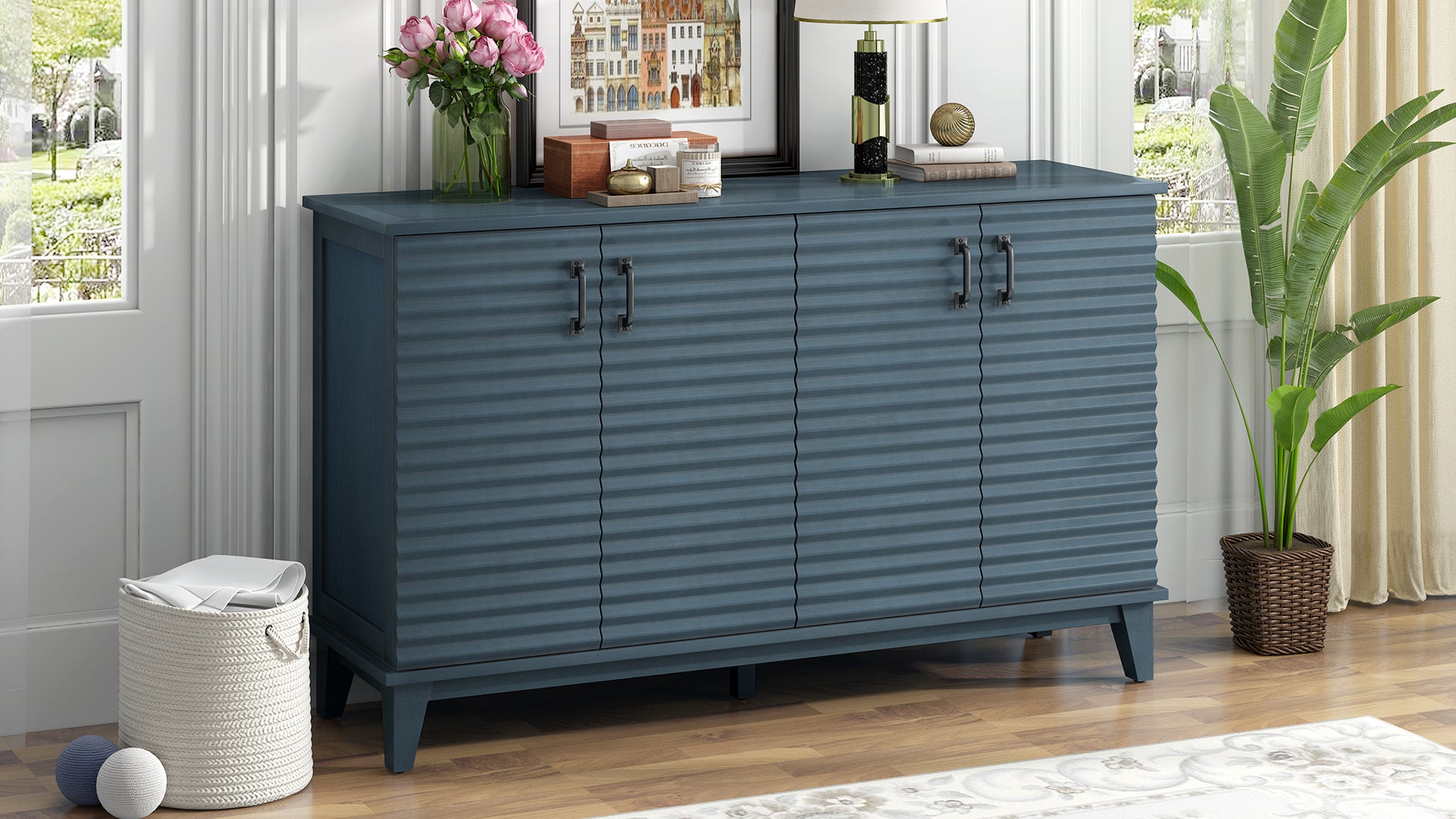 Sideboard With 4 Door Large Storage Buffet With Adjustable Shelves And Metal Handles For Kitchen, Living Room, Dining Room Navy Navy Mdf