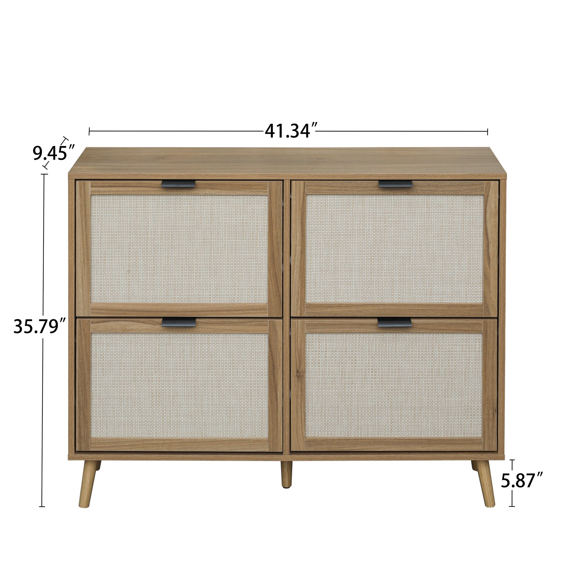 Natural Rattan 4 Door Shoe Rack, Freestanding Modern Shoe Storage Cabinet, For Entryway Walnut Particle Board