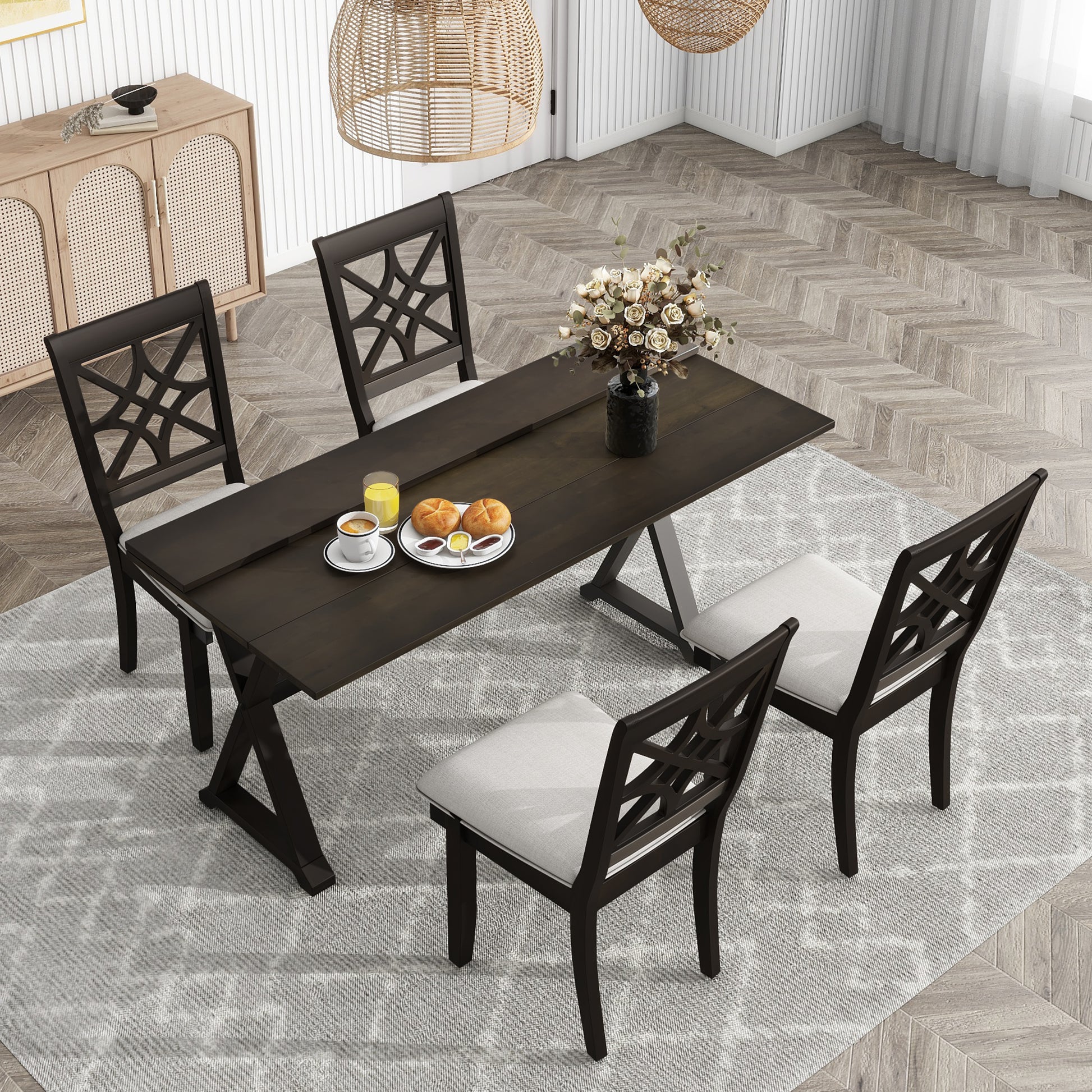 5 Piece 62*35.2Inch Extendable Rubber Wood Dining Table Set With X Shape Legs,Console Table With Two 8.8Inch Wide Flip Lids And Upholstered Dining Chairs ,Dark Walnut Wood Dining Room Folding Rubberwood Rectangular Dining Table With Chair Upholstered