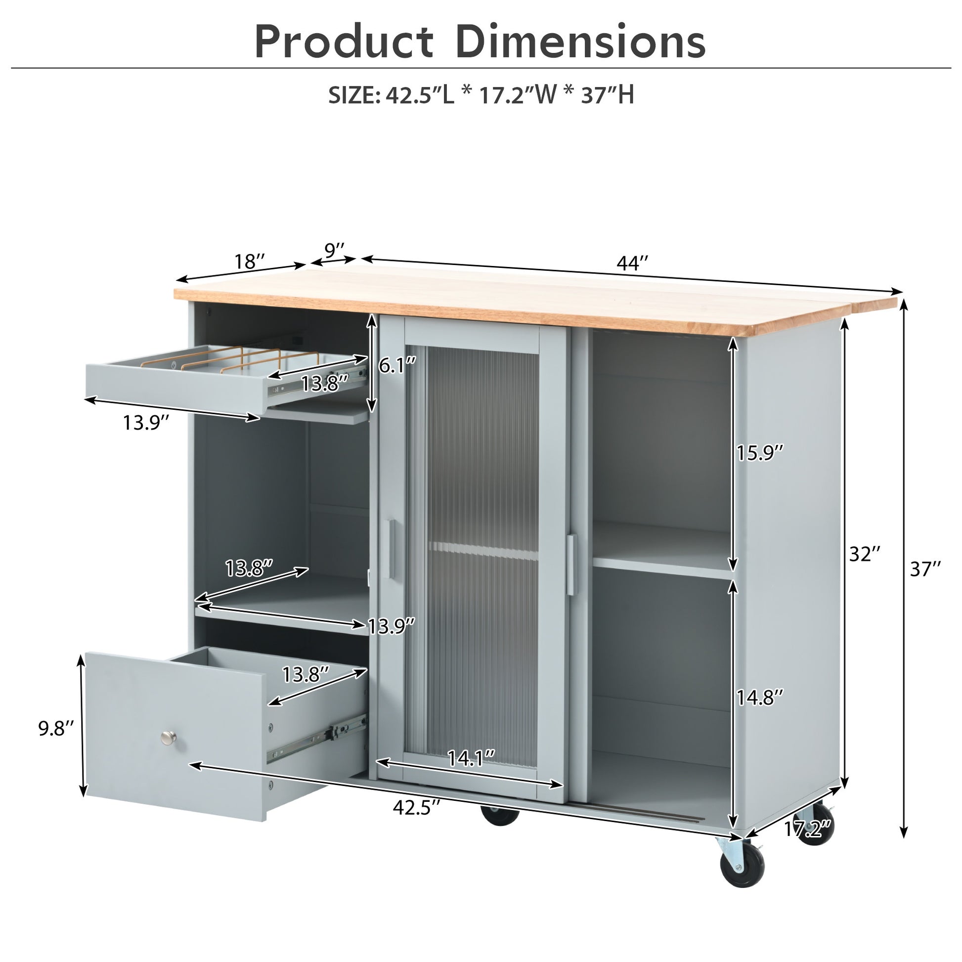 Kitchen Island with Drop Leaf, LED Light Kitchen Cart