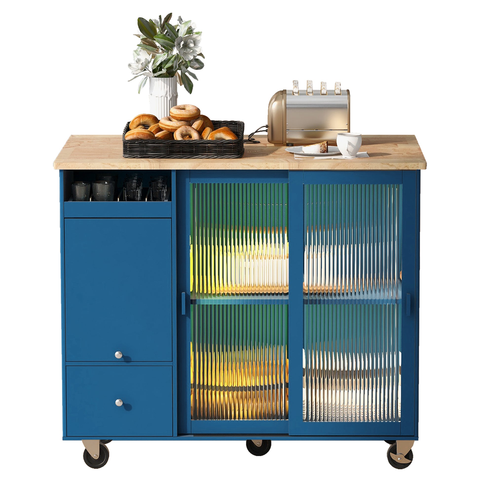 Kitchen Island with Drop Leaf, LED Light Kitchen Cart navy