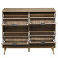 Natural Rattan 4 Door Shoe Rack, Freestanding Modern Shoe Storage Cabinet, For Entryway Walnut Particle Board