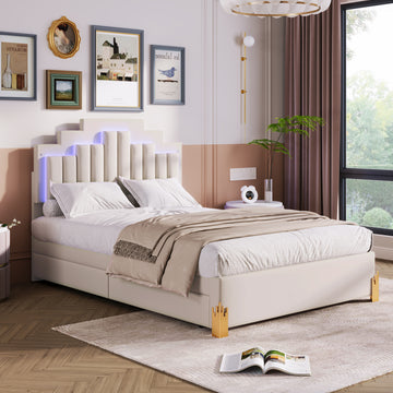 Full Size Upholstered Platform Bed With Led Lights And 4 Drawers, Stylish Irregular Metal Bed Legs Design, Beige Beige Velvet