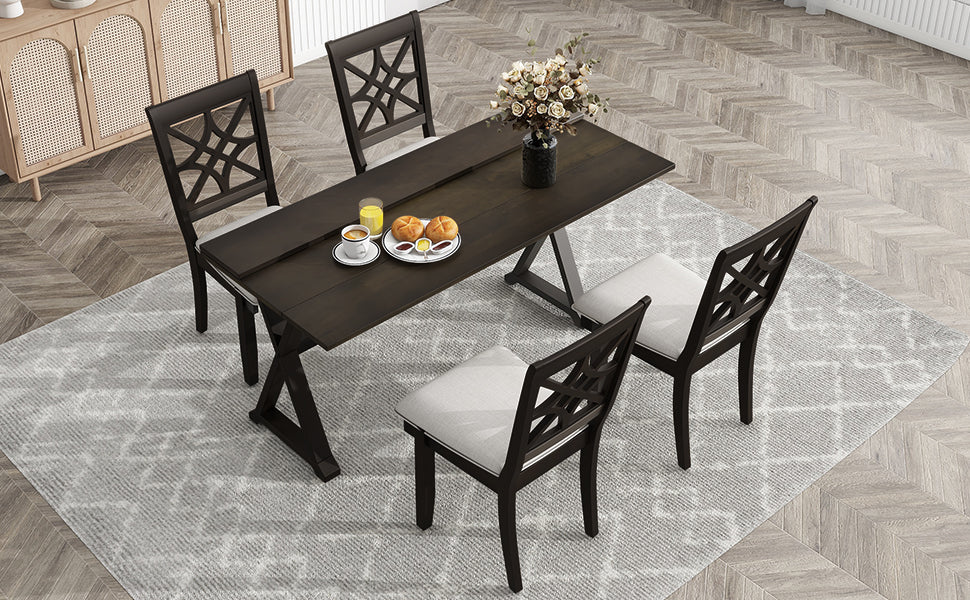 5 Piece 62*35.2Inch Extendable Rubber Wood Dining Table Set With X Shape Legs,Console Table With Two 8.8Inch Wide Flip Lids And Upholstered Dining Chairs ,Dark Walnut Wood Dining Room Folding Rubberwood Rectangular Dining Table With Chair Upholstered