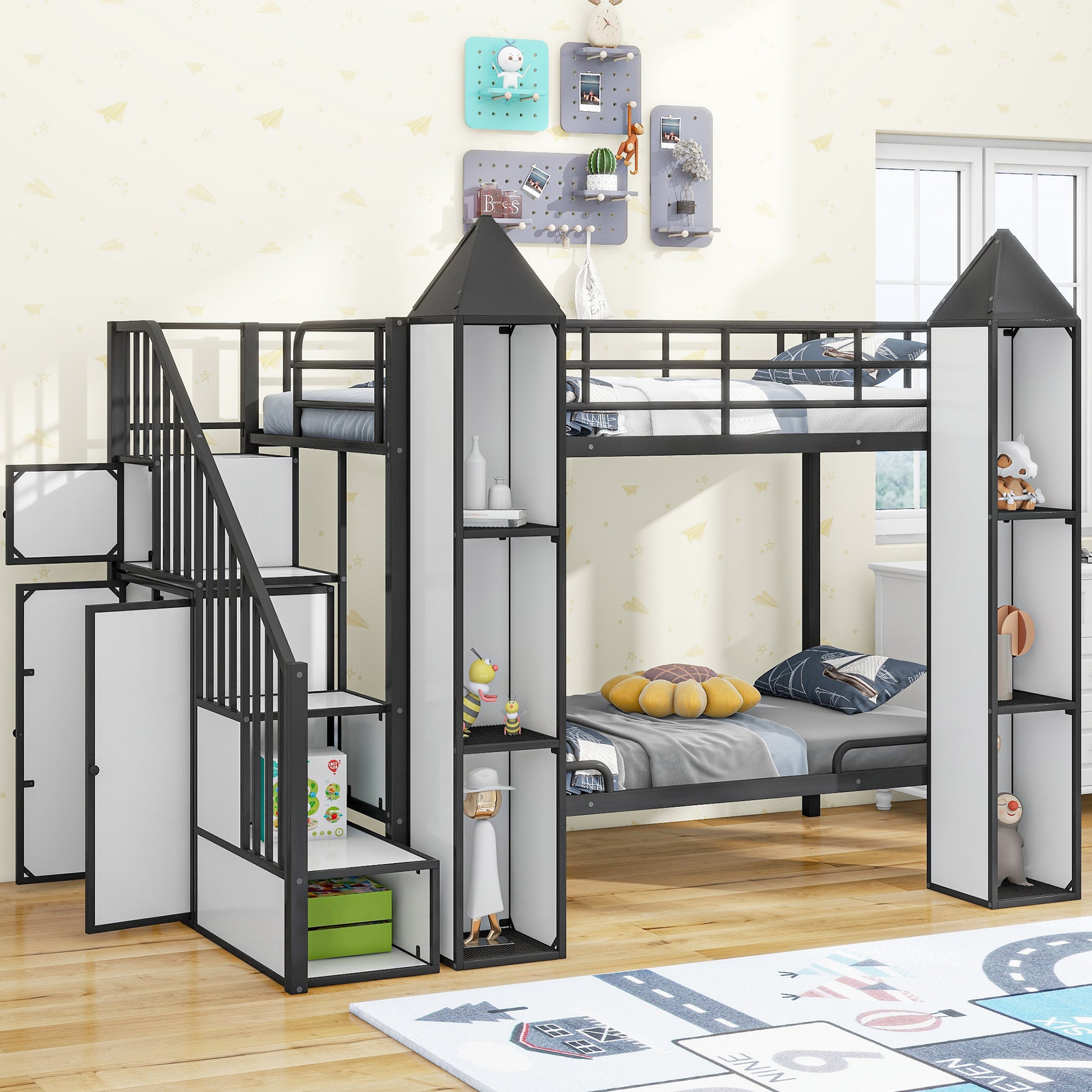 Metal Twin Over Twin Castle Shaped Bunk Bed With Wardrobe And Multiple Storage, Black White Box Spring Not Required Twin White Black Metal Bedroom Bunk Metal & Wood