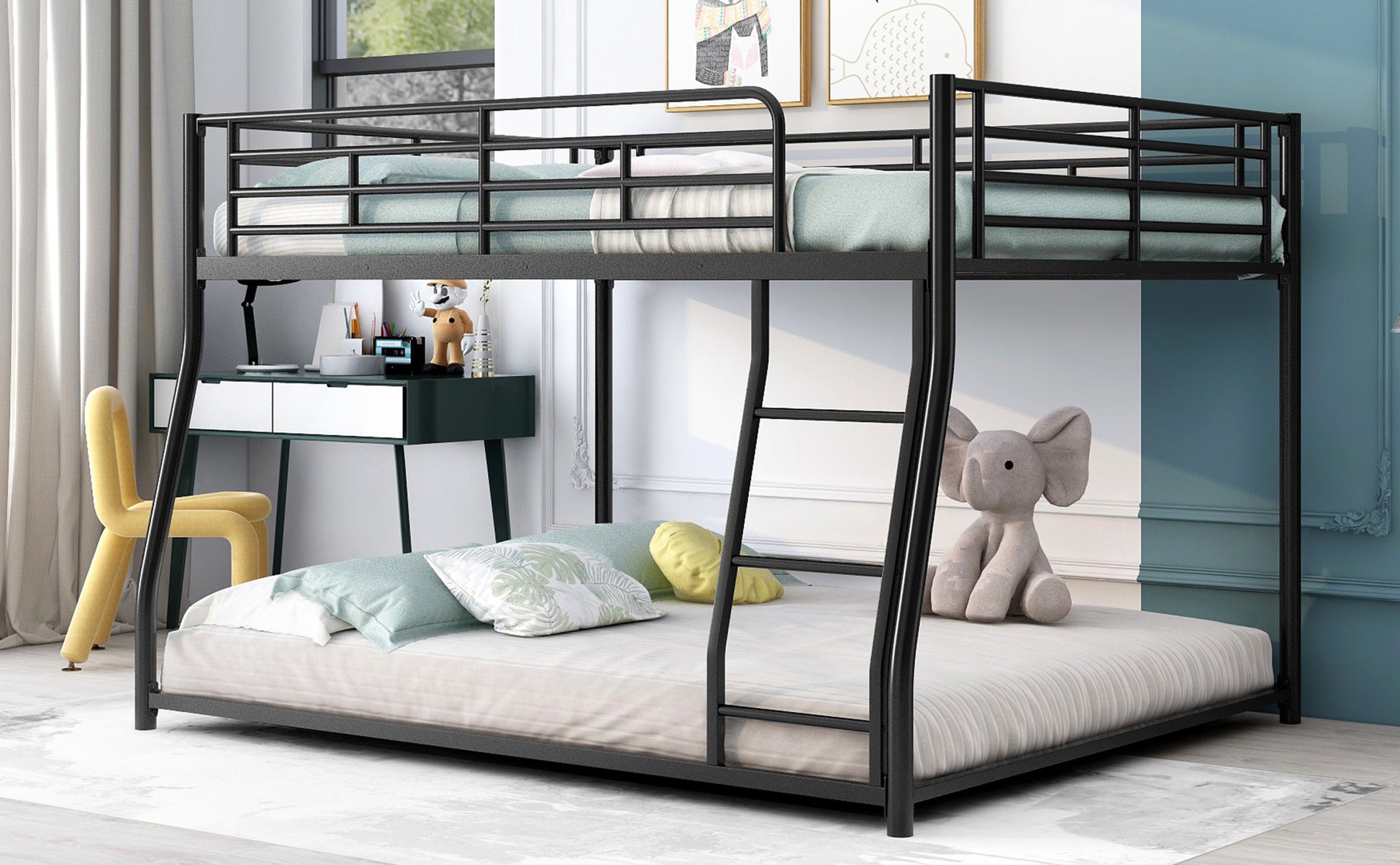 Metal Floor Bunk Bed, Full Xl Over Queen, Black Black Metal