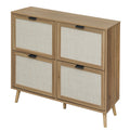 Natural Rattan 4 Door Shoe Rack, Freestanding Modern Shoe Storage Cabinet, For Entryway Walnut Particle Board